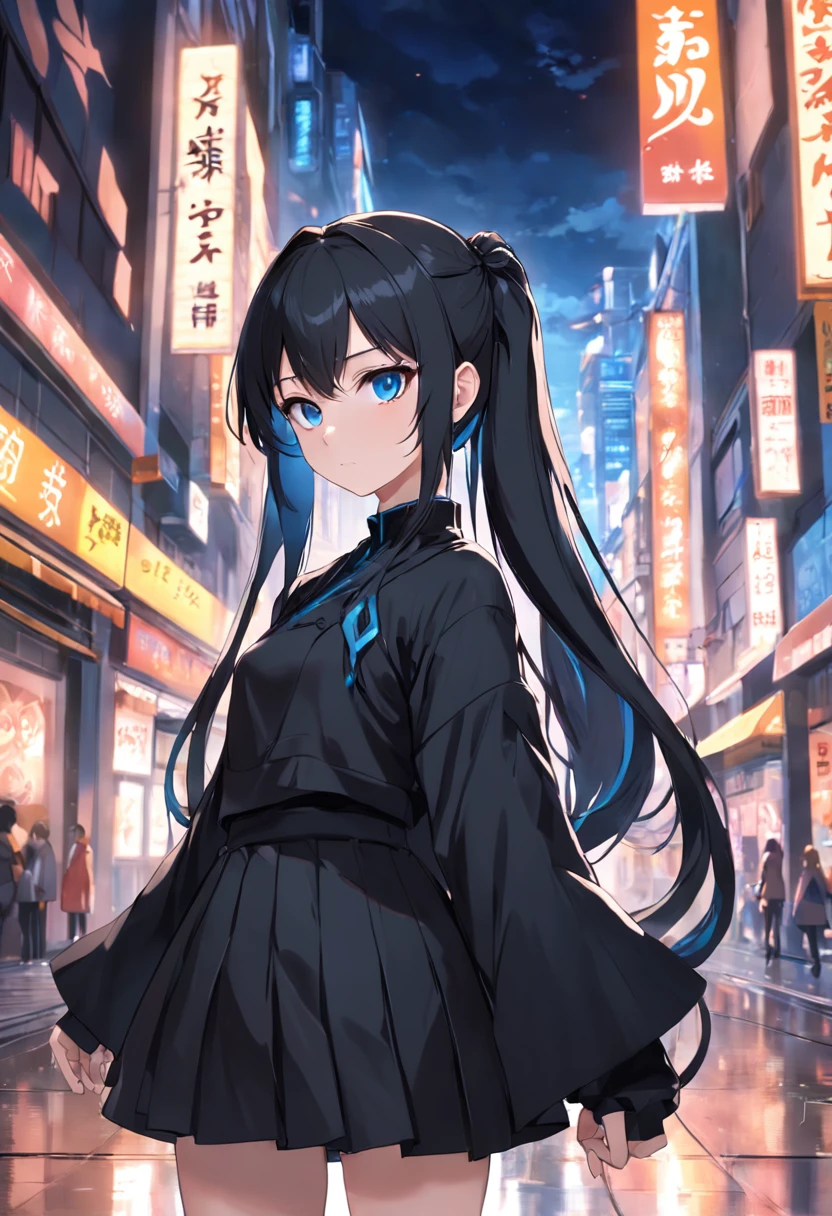 anime style photo of aera chand, anime girl in black outfit standing , anime style. 8k, anime girl wearing a black dress, stylized anime, standing in a city street, anime set style, blue eyes, closeup shot, braided side hair, ponytail, long hair, black jacket, black shorts, black cape, in a shopping mall, looking at the clothes shop