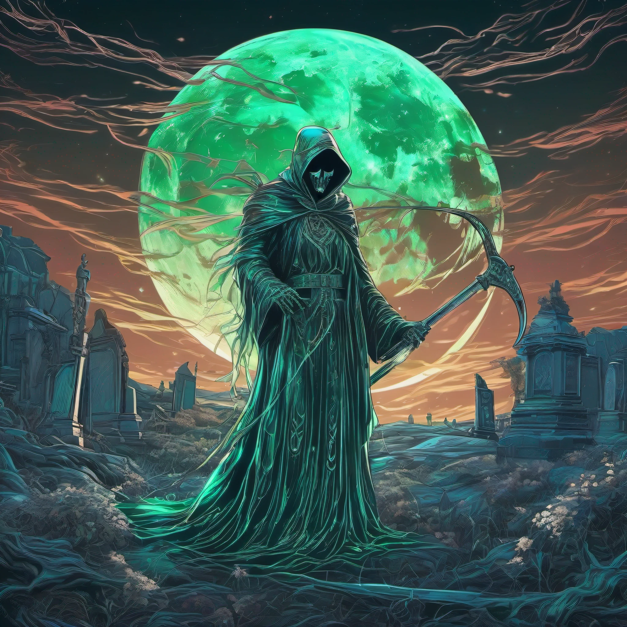 Transparent phantom with bioluminescence, Hold the scythe of war tightly, graveyard background, Moon Night, Aqua green holographic lighting, scary style, Extremely detailed, High contrast, Very high quality, Digital art, Death Core,