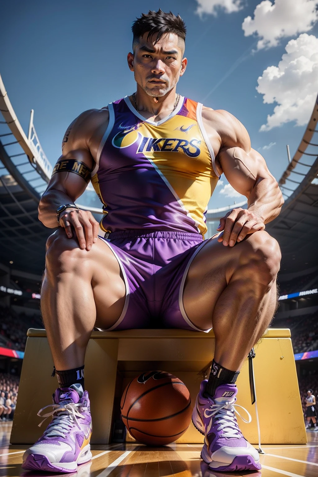 50-year-old middle-aged man,grampa,Man,Height 195,Asian people,sit on chair,God perspective,The eyes are about to face each other,Chinese men,musculature,Lift one foot,Wearing a yellow and purple Nike basketball vest,Purple basketball pants,The number 18 is written on the basketball suit,Purple and yellow Nike high-leg basketball shoes,Cord,Chains,Ferocious and ferocious,The background is outdoors,There is no basketball,Hold your hands on your knees