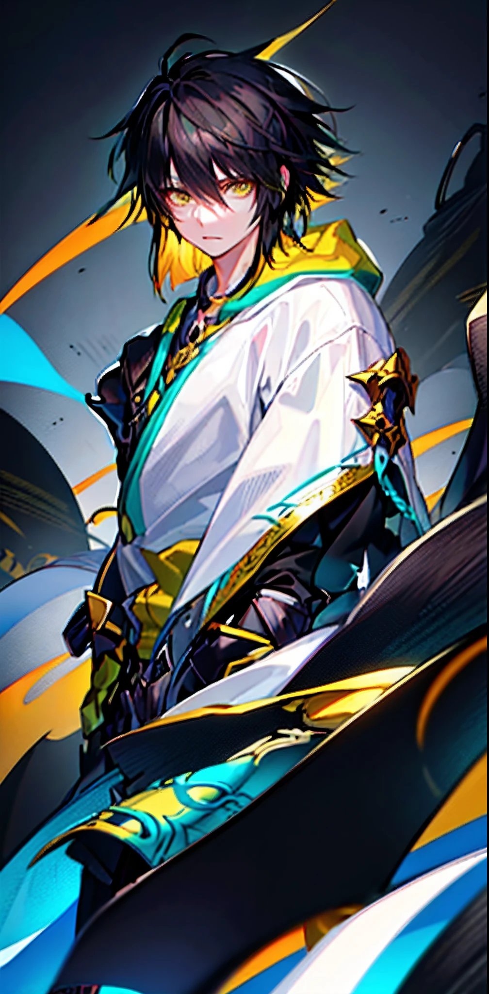 solo, (anime boy with black hair and yellow eyes), wearing fantasy rogue gear, fantasy inspired, (((extremely detailed))), white background