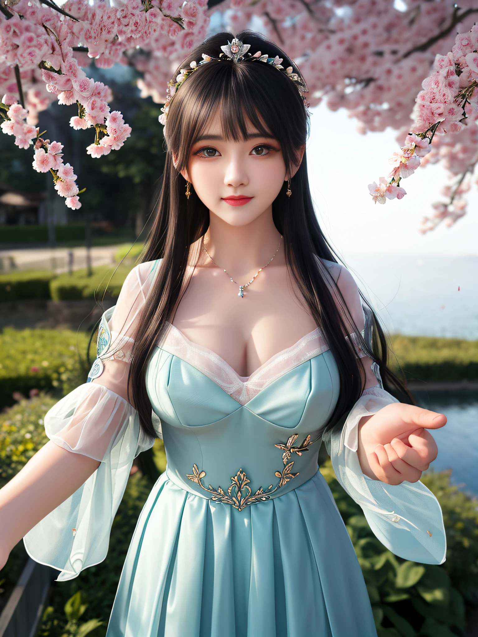 Best quality、tmasterpiece、A high resolution、1girll、dress in yellow、Nice face、hair adornments、looking at viewert、ssmile、Blue hair,beautiful and clear eyes, Green eye pupils,Green eye pupils,Close-up Shot Shot,The chest is huge and large。There is a deep cleavage,Extremely Delicately Beautiful、Keep one's mouth shut、cparted lips、shift dresses、There are flowers on the head、delicatenecklace、jewely、long whitr hair、耳Nipple Ring、s delicate face、On the body、Tindal effect、hentail realism、Shadow Studio、edge lit、bicolor lighting、(highdetailskin:1.2)、 adolable, view over city, the night, Sateen, dampness, profesional lighting, photon maping, Radio City, physically-based renderingt, above waist,yellow clothing