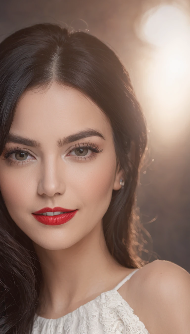 Foto en primer plano de una mujer con cabello negro, Fuertes ojos azules,con un brillo intenso, Cejas gruesas y oscuras, Una cara bien hecha, and lips with red lipstick. Llevaba una camisa de lana negra. The environment is a photography studio,It has a perfect black background and impeccable lighting. Mujer sonriendo feliz para la foto.
This photograph captures the woman's charming facial features up close.. Film lighting highlights her black hair,And he brought out the sparkle of his intense blue eyes., creando un efecto fascinante. Unreal Engine garantiza una calidad fotorrealista, La hace parecer casi realista.
Su cabello negro agrega un toque de singularidad a su apariencia, Her bold eye makeup and red lipstick enhance your facial features with confidence and style..
La camisa de lana negra que llevaba contrastaba con su tez clara, Crea un atractivo visual llamativo. La sonrisa feliz de la mujer agrega calidez y accesibilidad a la foto.
The photography studio's meticulously crafted lighting ensures every detail of women's makeup, cabello, Clothing is displayed accurately. The camera chosen for this photo captured the intricate details of his expression and features...
El resultado es una imagen visualmente atractiva,La vibrante personalidad y la belleza de las mujeres se capturan en primeros planos medios. The combination of its unique appearance and studio setup makes photos stand out with realism and glamour..
