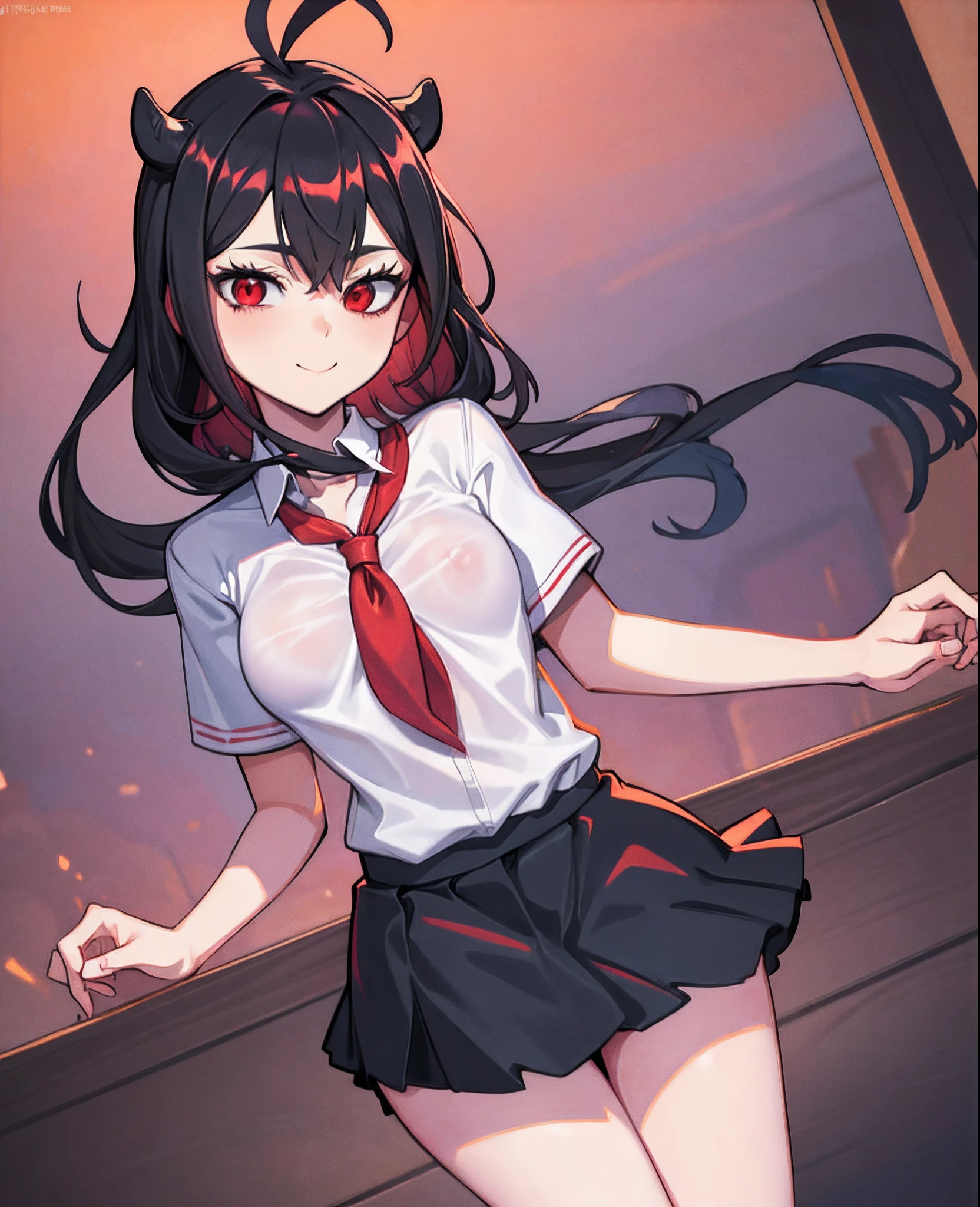 masterpiece, best quality,,1girl .(school uniform:1.2), black long hair  , red eyes,(classroom:0.8), (sunset:0.7),(medium breasts:1.4), (blushful smile smile:0.8)