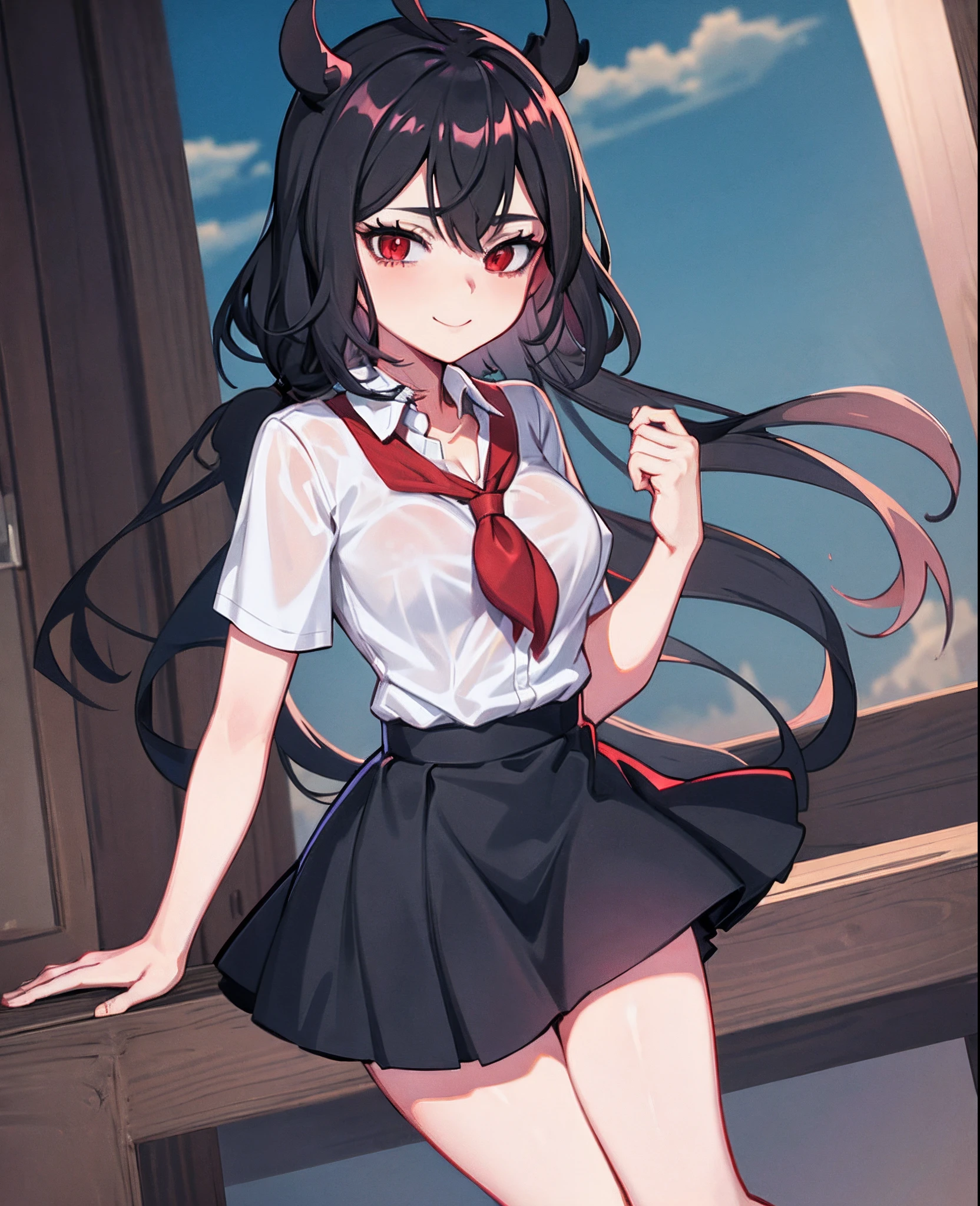 masterpiece, best quality,,1girl .(school uniform:1.2), black long hair  , red eyes,(classroom:0.8), (sunset:0.7),(medium breasts:1.4), (blushful smile smile:0.8)