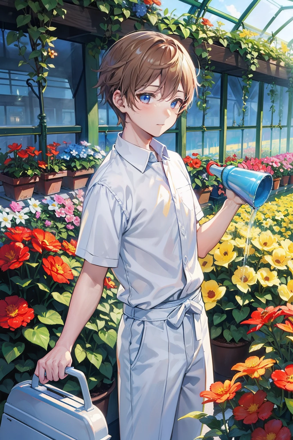 Watering flowers in the greenhouse　twinks　male people　{{ember}}