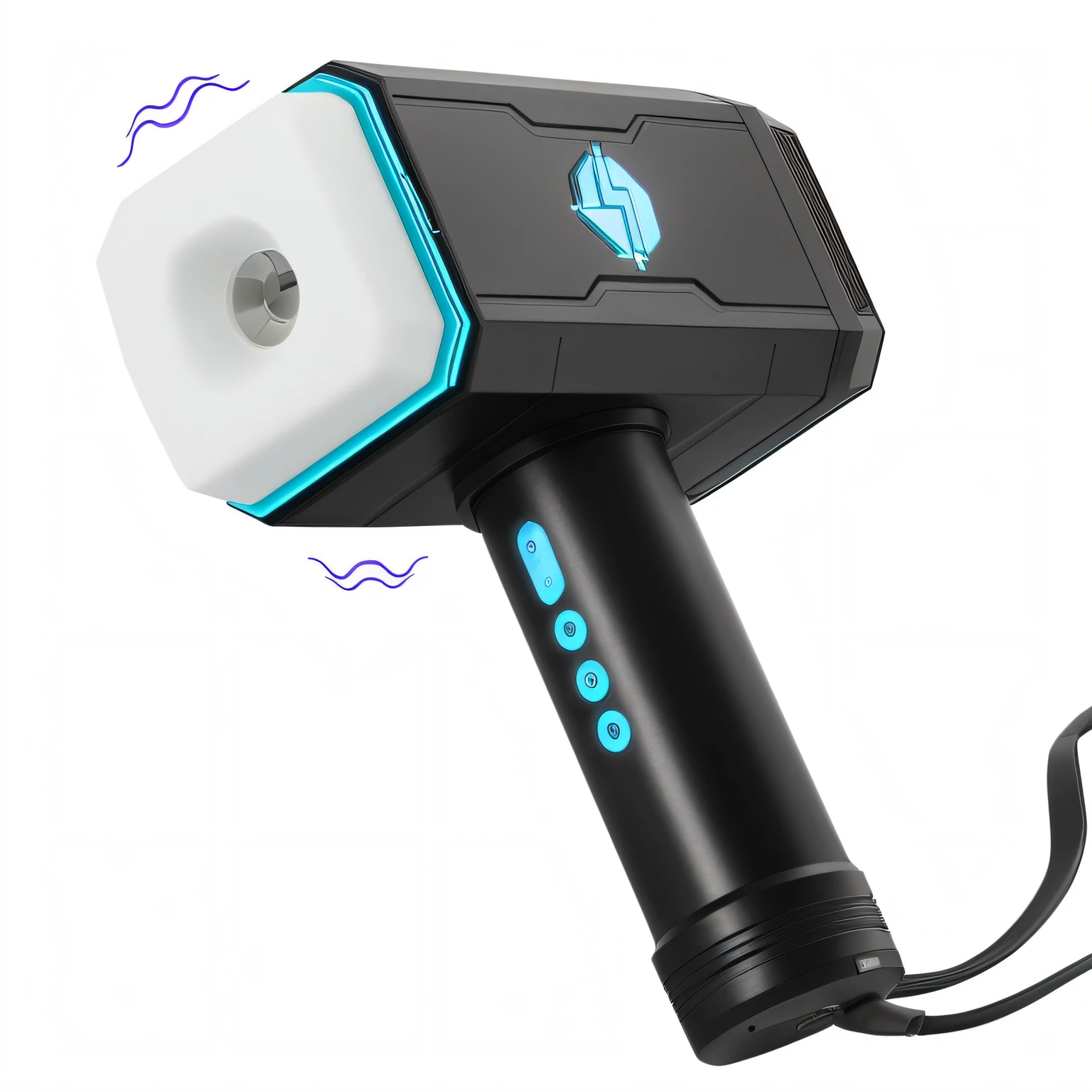There is black blue light on the pole, portal gun, Hasselblad Blade shooting, professional product photo, Plasma gun, hasselblade wide shot, hextech, Supergianthugebreasts, product image, Handheld, horn, nano, the sideview, side - view, smooth bioluminescent skin, product design shot, Laser cannon, product introduction photos, Product photo