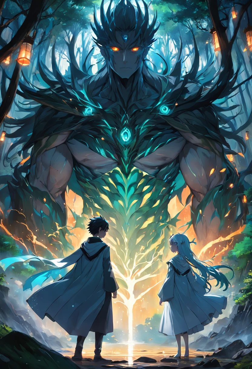 um homem e uma mulher. uma sacerdotisa e um feiticeiro. uma floresta misteriosa. renderizações hiperdetalhadas, estilo anime, 8k, olhos detalhados, olhos perfeitos, epic, dramatic, genial, corpo inteiro, design e detalhes intrincados, lighting dramatic, 8k, rosto detalhado