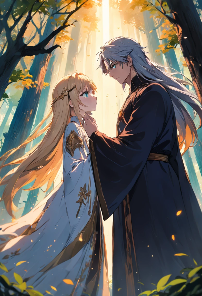 um homem e uma mulher. uma sacerdotisa e um feiticeiro. uma floresta misteriosa. renderizações hiperdetalhadas, estilo anime, 8k, olhos detalhados, olhos perfeitos, epic, dramatic, genial, corpo inteiro, design e detalhes intrincados, lighting dramatic, 8k, rosto detalhado