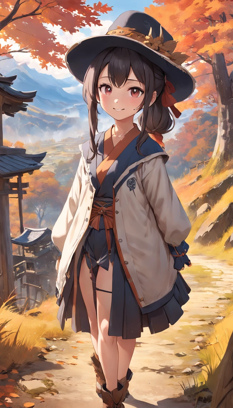 ((masterpiece,best quality)),extremely detailed CG unity 8k wallpaper,ultra high resolution,1girl, standing, cowboy shot,front view,looking at viewer,autumn,(hiking outfit:1.2),small hat,pony tail,smile,ancient Japanese countryside