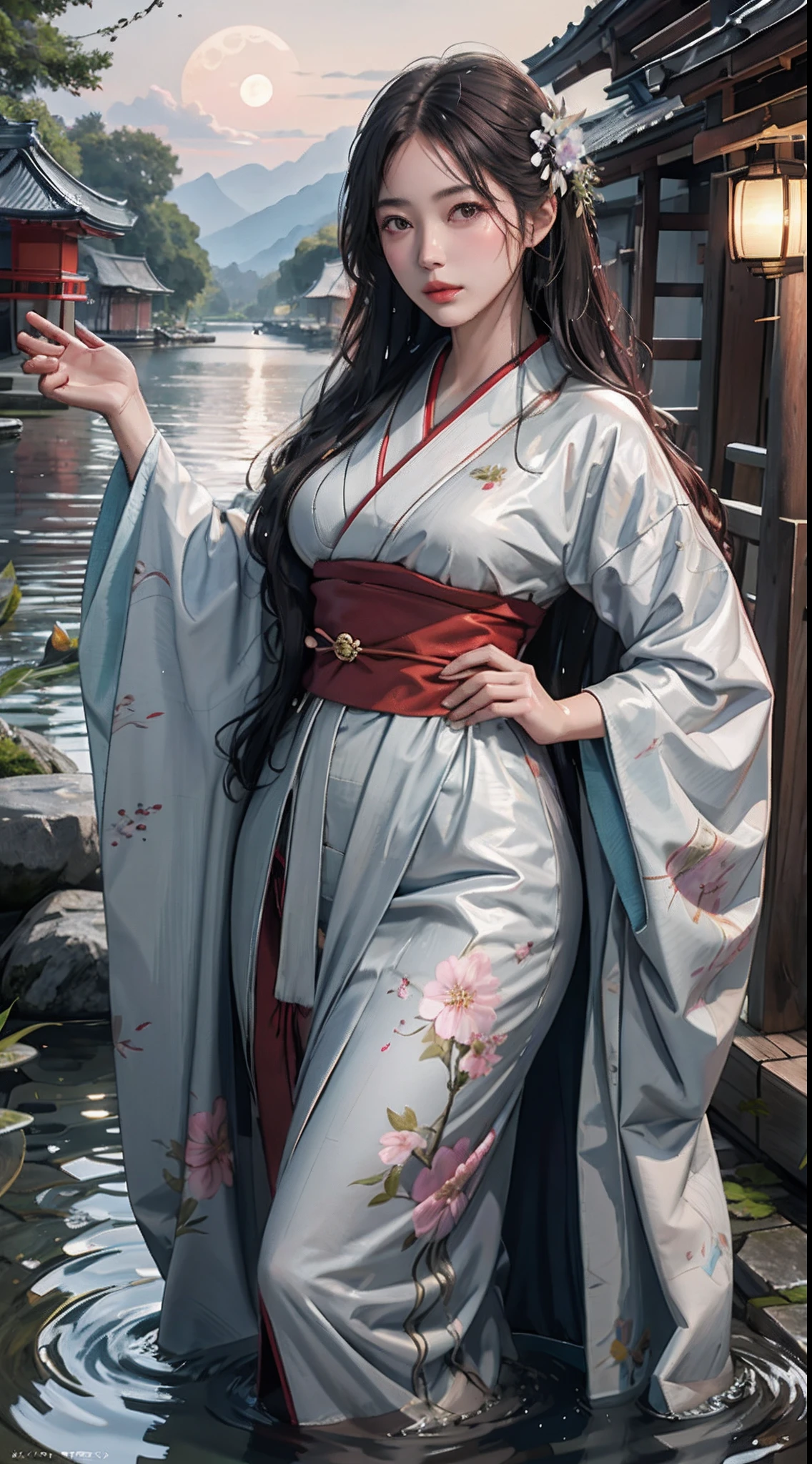 photorealistic, high resolution, soft lights, 1women, solo, hips up, shining skin, (detailed face), long hair, moon, lantern, night, solo, large breasts, hair ornament, wet, kimono, japanese clothes, wading, water, hair flower, flower, outdoors, sky, full moon, rain, uchikake