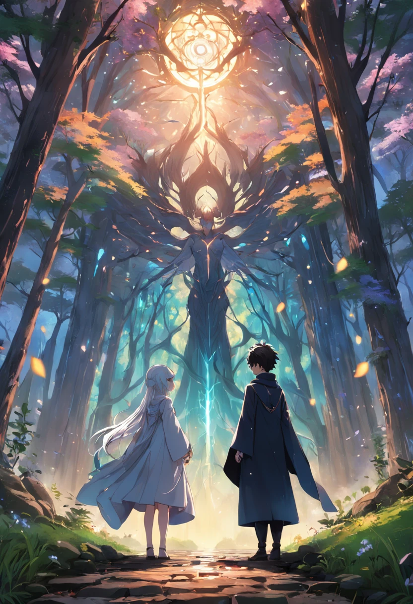um homem e uma mulher. uma sacerdotisa e um feiticeiro. uma floresta misteriosa. renderizações hiperdetalhadas, estilo anime, 8k, olhos detalhados, olhos perfeitos, epic, dramatic, genial, corpo inteiro, design e detalhes intrincados, lighting dramatic, 8k, rosto detalhado