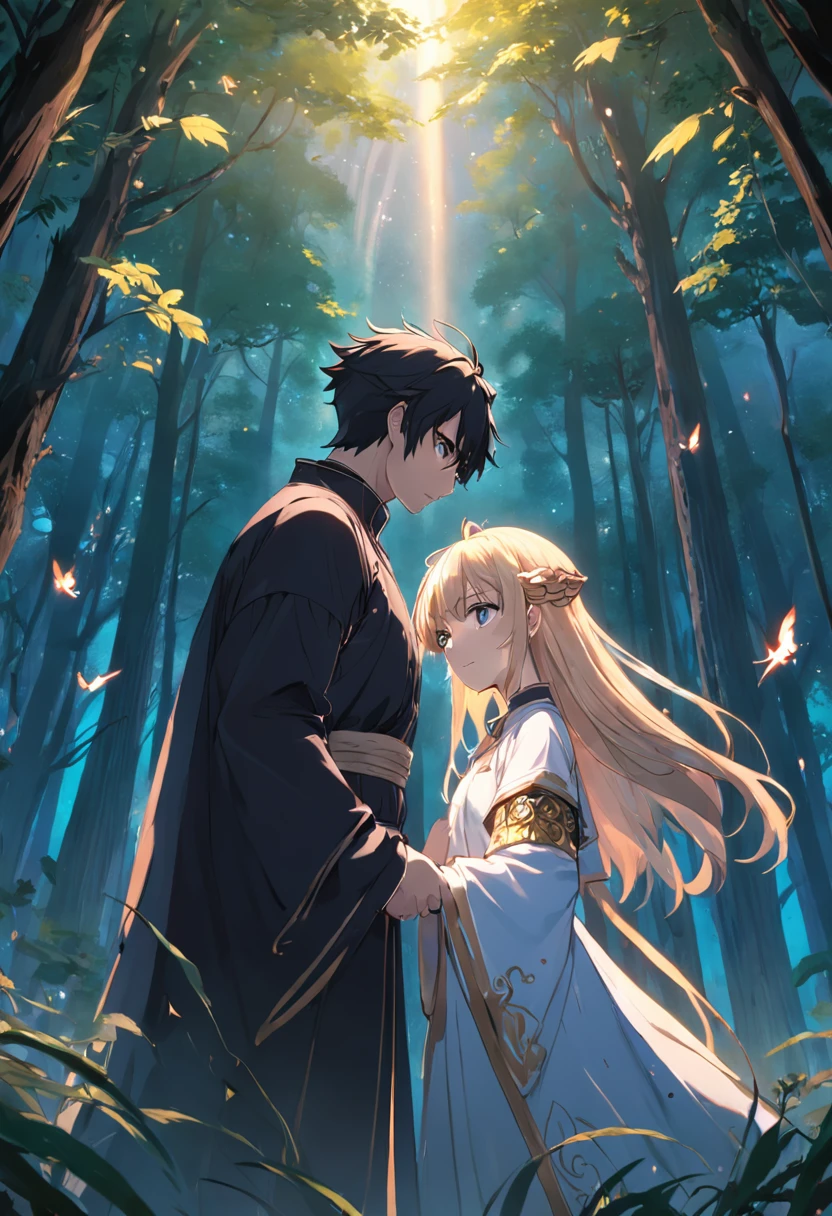 um homem e uma mulher. uma sacerdotisa e um feiticeiro. uma floresta misteriosa. renderizações hiperdetalhadas, estilo anime, 8k, olhos detalhados, olhos perfeitos, epic, dramatic, genial, corpo inteiro, design e detalhes intrincados, lighting dramatic, 8k, rosto detalhado