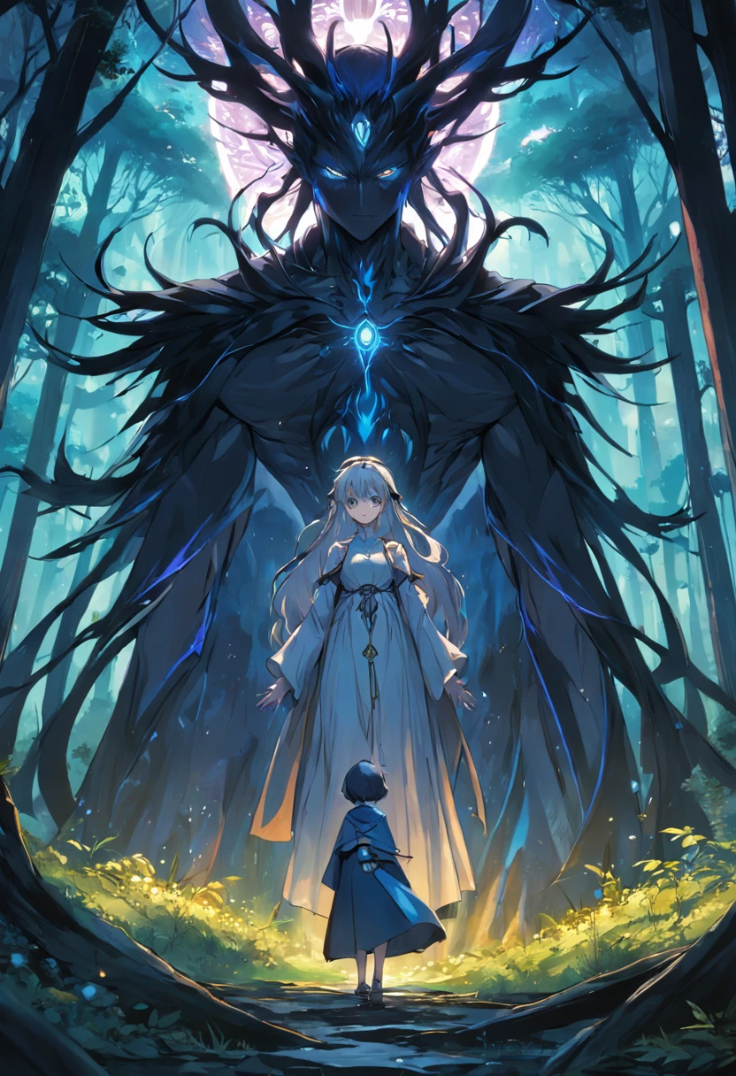 um homem e uma mulher. uma sacerdotisa e um feiticeiro. uma floresta misteriosa. renderizações hiperdetalhadas, estilo anime, 8k, olhos detalhados, olhos perfeitos, epic, dramatic, genial, corpo inteiro, design e detalhes intrincados, lighting dramatic, 8k, rosto detalhado