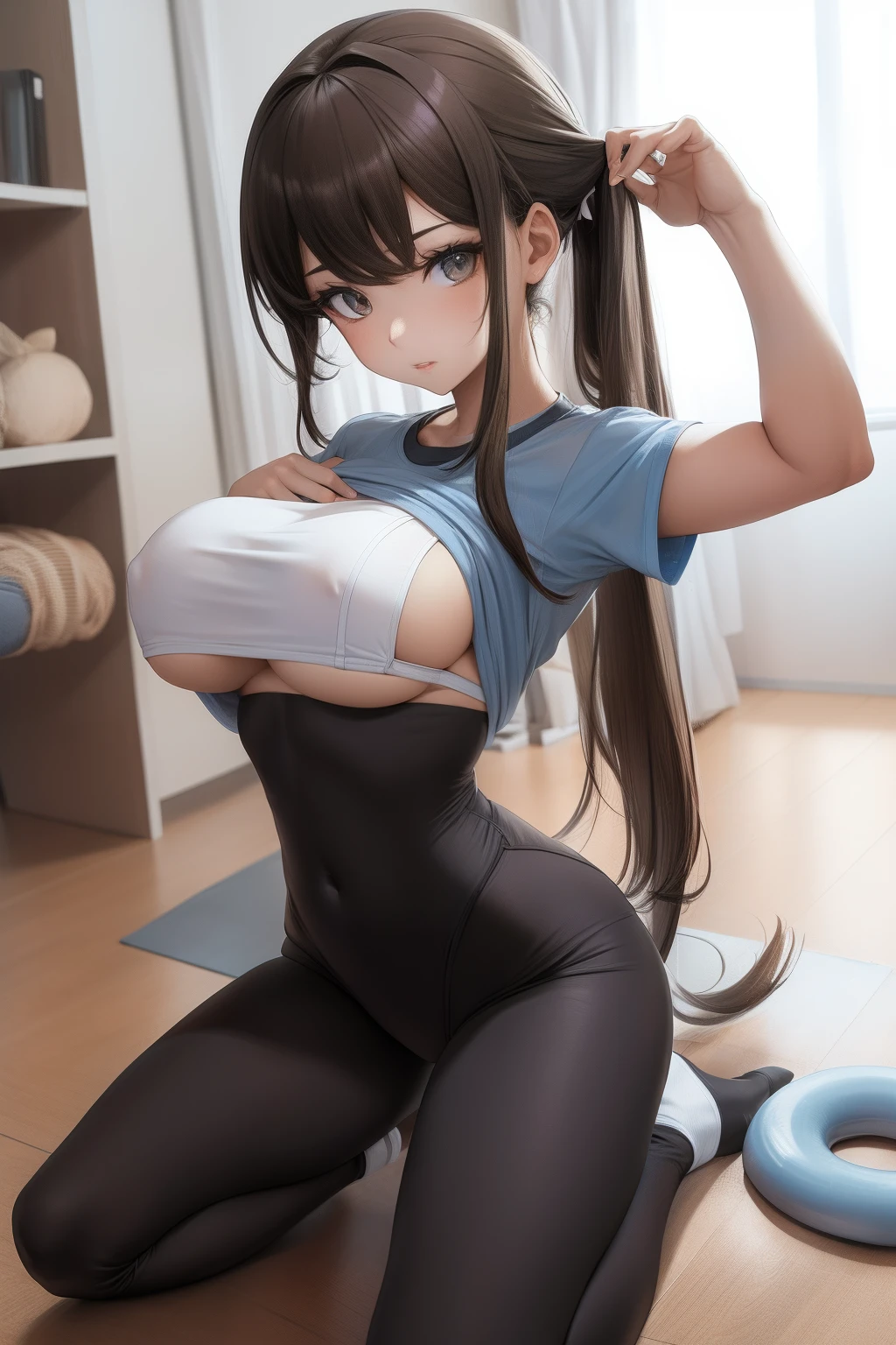 tmasterpiece,best qualityer,1girll,tight gymsuit,fit and muscular body,musculature,Girl practicing yoga,sexy pose,in a gym