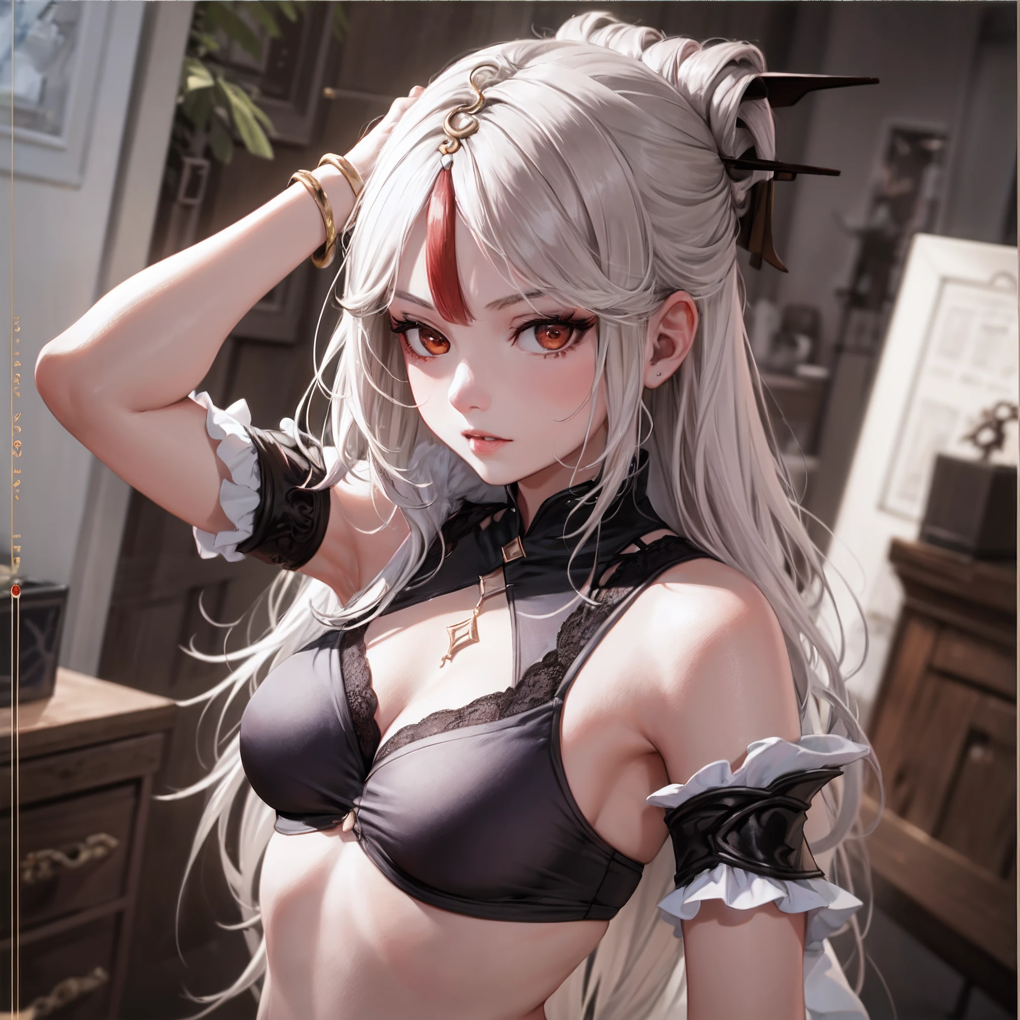 1girll， （Solo exhibition：1.2）， （（tmasterpiece））， [Slim]， （small boobs）， paleskin， （（detailedeyes））， （Bokeh effect）， （dynamic angle）， dynamicposes， ningguangrnd， whaite hair， long whitr hair， white dresses，Upper body，Serious