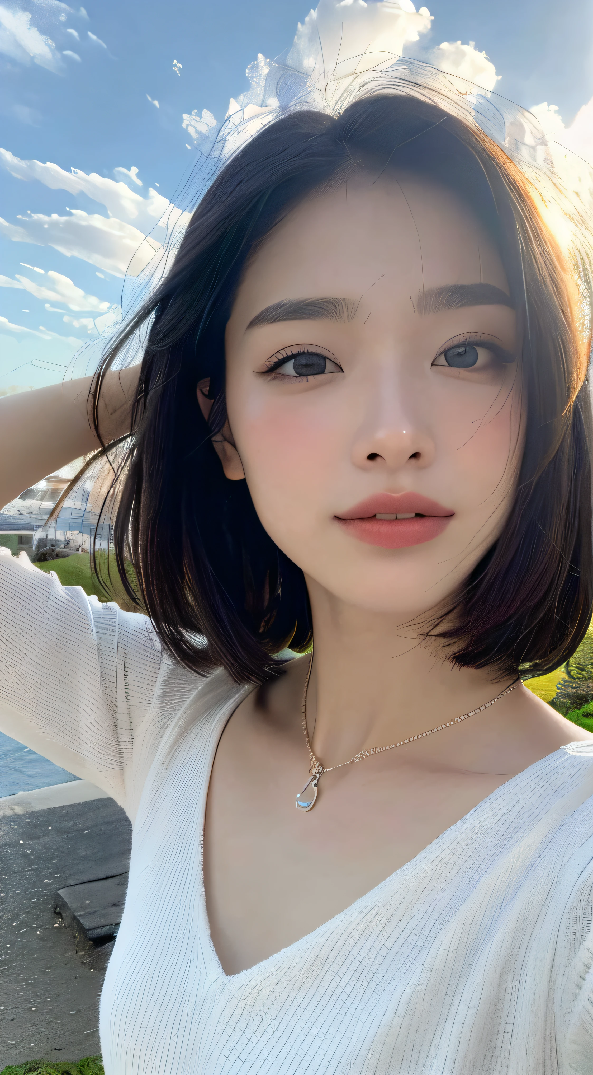 ((top quality, 8k, masterpiece: 1.3)), sharp focus: 1.2, (realistic, photorealistic: 1.37), perfect beautiful woman, highly detailed face and skin texture, detailed eyes, double eyelids, small smile, bob cut swaying in the wind, small bust, small necklace, white summer dress, upper body, sunset sun, afternoon seaside, summer clouds,