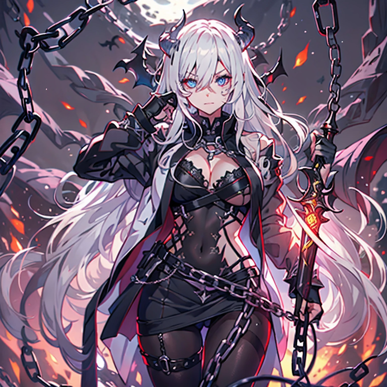 Evil white-haired demon, Holding a chain sword, Sexy Outfit, Heterochromia eye, Black,loimu, Fantasy background