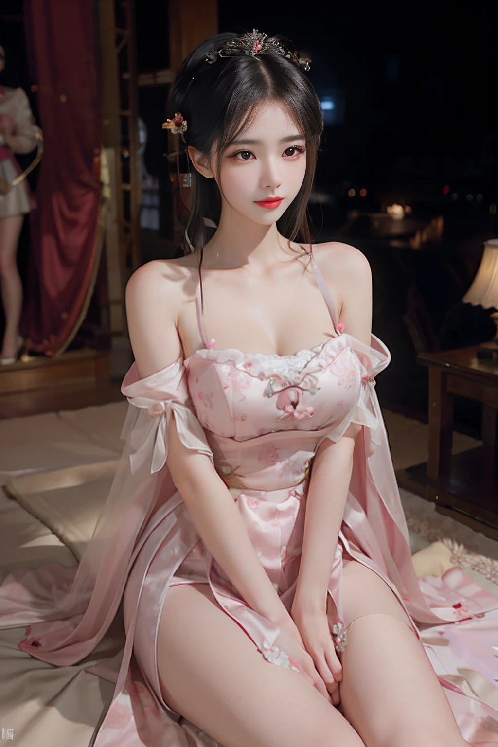 Best quality, masterpiece, high resolution, 1girl, ancient Chinese pink dress, beautiful face, ancient Chinese clothing, bowknot without the original picture, elegant, noble, crown, thin leg, fairy, hair accessory, solo, looking at viewer, smiling, shut up, lips, dress, hair accessory, necklace, jewelry, long hair, earrings, architecture, east asian architecture, big breasts, bra, expossed breasts