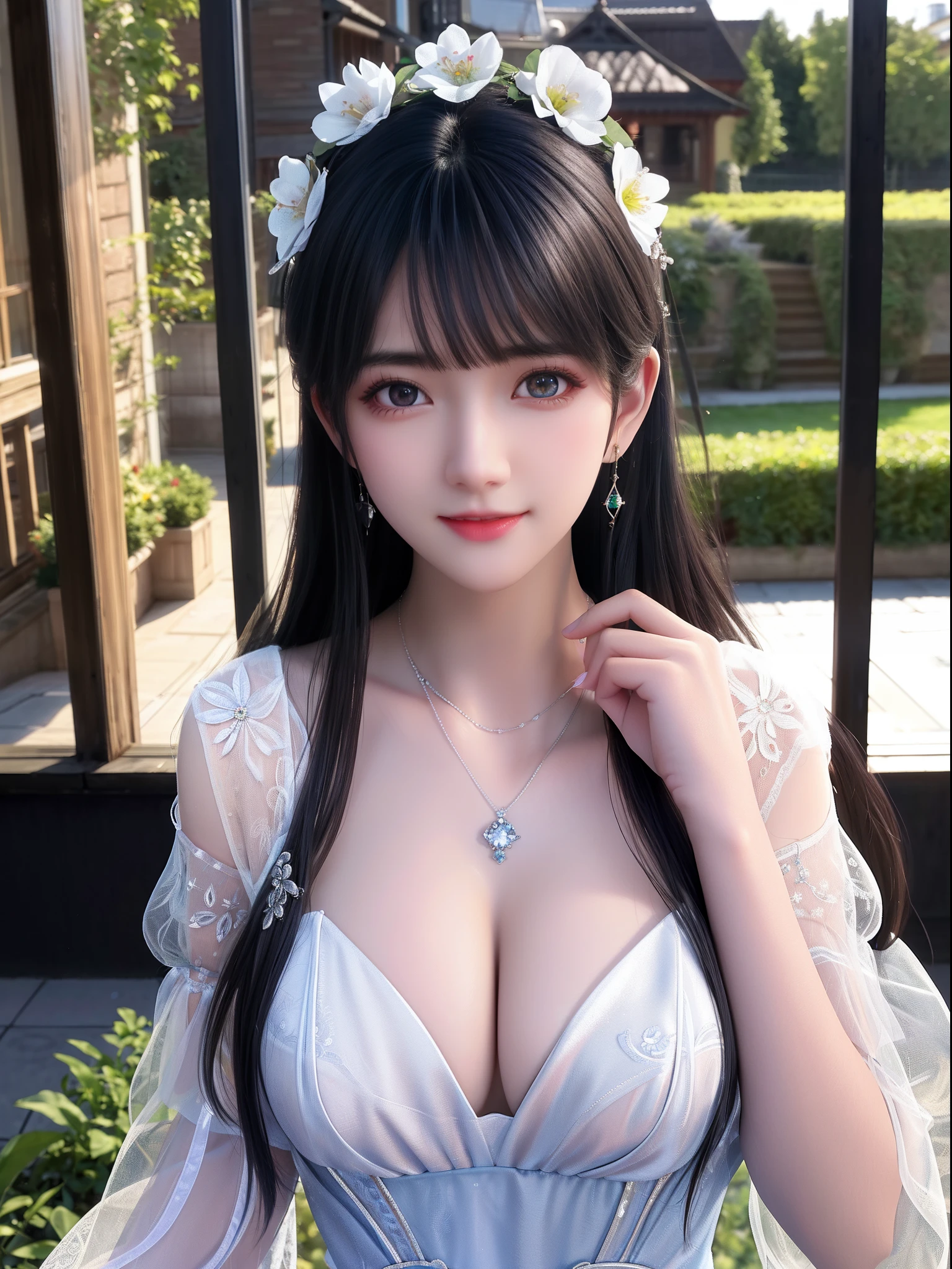 Best quality、tmasterpiece、A high resolution、1girll、Simple dress、Nice face、There are flowers on the head、looking at viewert、ssmile、Blue hair,beautiful and clear eyes, Green eye pupils,Green eye pupils,Close-up Shot Shot,The chest is huge。There is a deep cleavage,There is a bright light on the chest,The cleavage looms and is extremely delicate and beautiful、Keep one's mouth shut、cparted lips、shift dresses、Delicate shiny necklace、long whitr hair、diamonds earrings、s delicate face、Outside the house、Tindal effect、hentail realism、Shadow Studio、edge lit、bicolor lighting、(highdetailskin:1.2)、 adolable, view over city, the night, Sateen, dampness, profesional lighting, photon maping, Radio City, physically-based renderingt, above waist