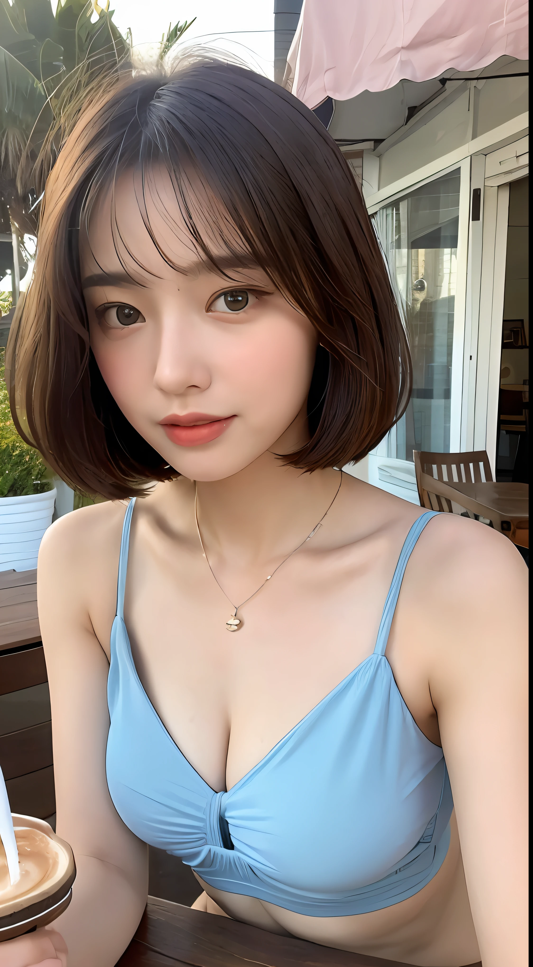 ((top quality, 8k, masterpiece: 1.3)), beautiful woman, ultra-detailed face, detailed eyes, double eyelids, bob-cut hair swaying in the wind, bright brown hair, stroking shoulders, small bust, small necklace, fashionable bikini swimsuit figure, seaside café terrace, bright sunshine shore, iced coffee on the table,