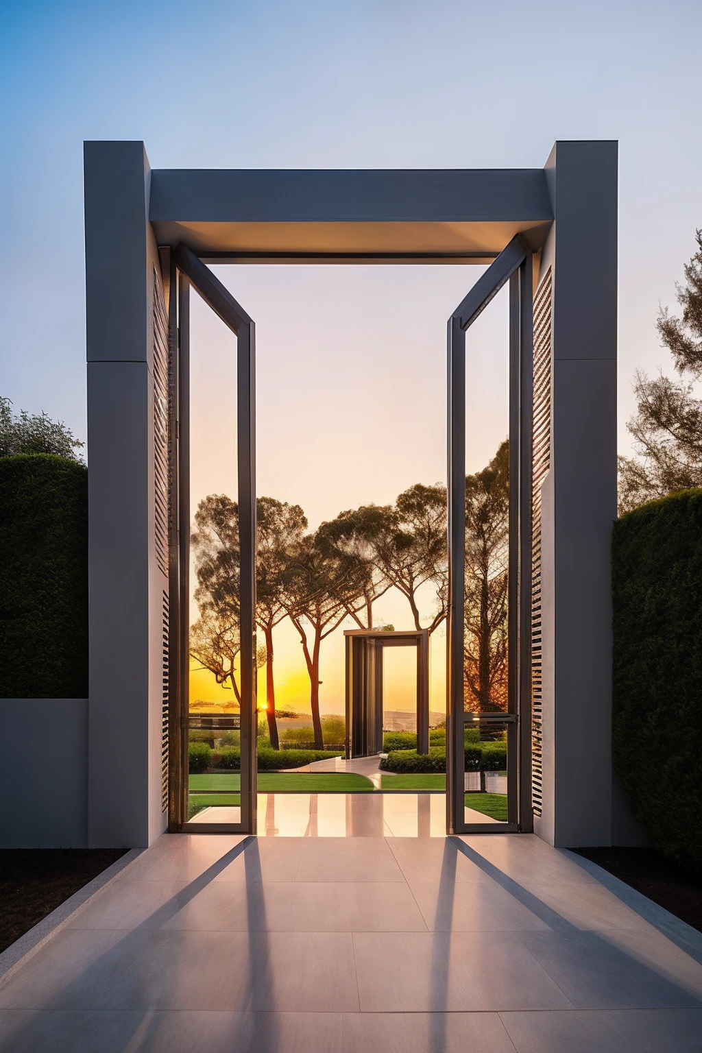dvArchModern,14mm, f1.8, portrait, photographrealistic, Hyper-realistic, orante, ultra-detailliert, Highlight the gate,iintricate, dramatics, Sunset lighting, shadowing, HighDynamicRange