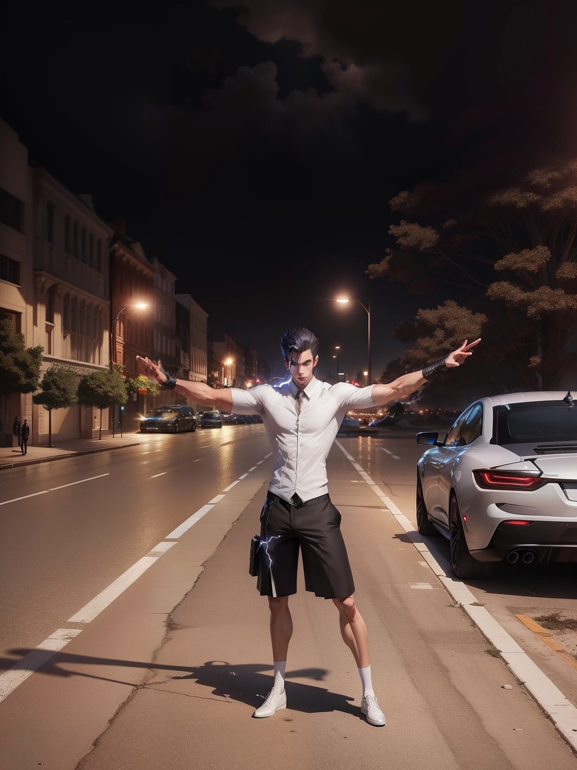 Extremely detailed ,Tall and handsome,Shadow anime characters, (Wear a sophisticated suit), beautiful glowing eyes, A lot of lightning, 4K, volumetr,Cinematic lighting