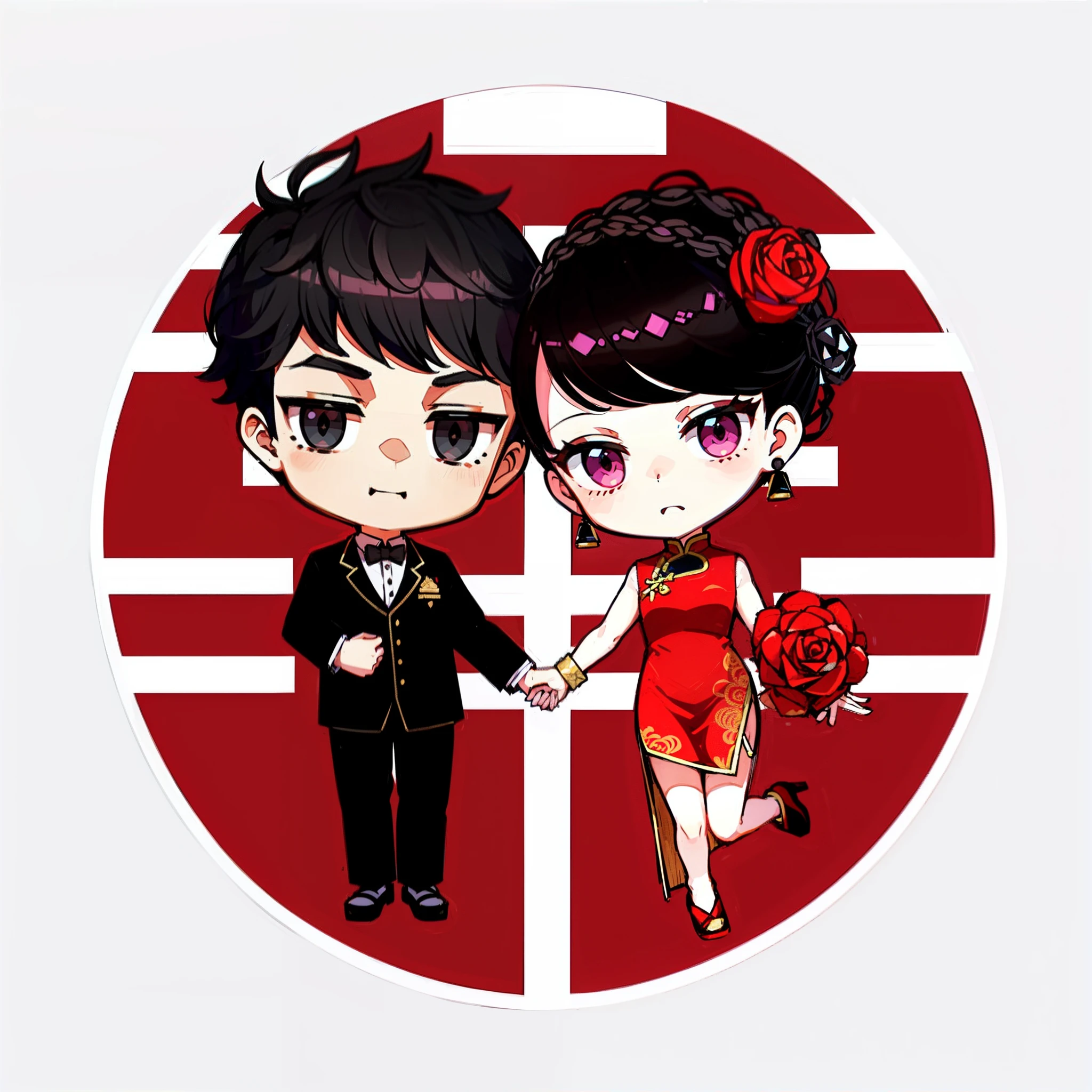 1boy, 1girl, black eyes, black hair, bow, bowtie, chibi, china dress, chinese clothes, couple, dress, earrings, flower, formal, hair ornament, hetero, holding hands, jewelry, pink rose, red flower, red rose, rose, white rose