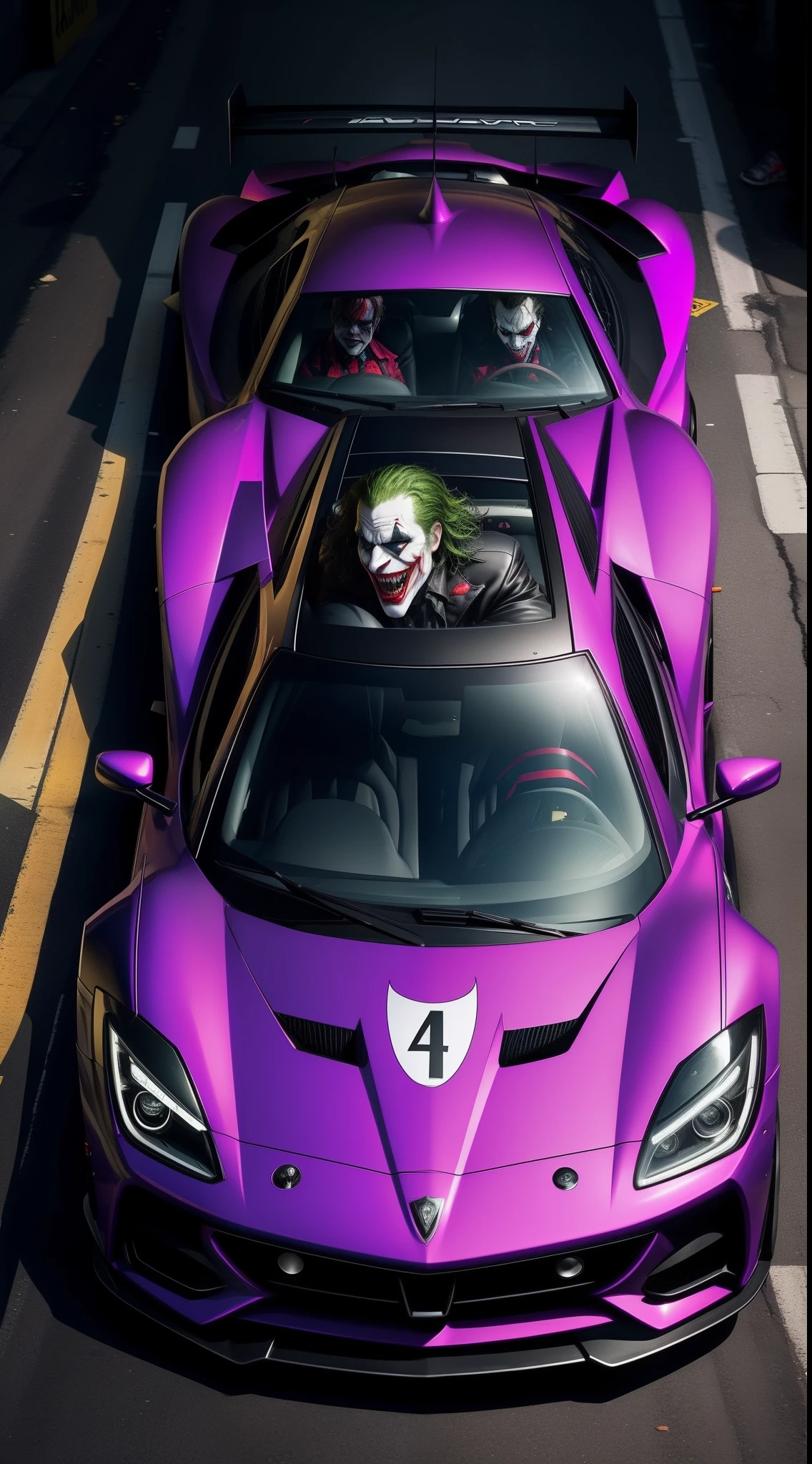 "Imagine a chaotic and eccentric scene where The Joker, the infamous supervillain, takes the wheel of his outlandishly designed supercar. Visualize The Joker, dressed in his flamboyant attire, seated in the driver's seat of his unique and maniacal supercar. The car's design is a riot of colors, patterns, and unconventional features, reflecting The Joker's anarchic personality. It's adorned with oversized playing cards, grinning clown faces, and other whimsical yet sinister decorations. The Joker's gloved hands grip the steering wheel with a mischievous gleam in his eyes, ready to cause chaos on the city streets. The car's engine roars as it speeds through the city, leaving a trail of mayhem in its wake. The art style blends automotive madness with supervillain extravagance, drawing inspiration from both high-speed car chases and The Joker's iconic presence. Capture the moment in a dynamic wide-angle shot, emphasizing the chaos and madness of The Joker and his maniacal supercar."