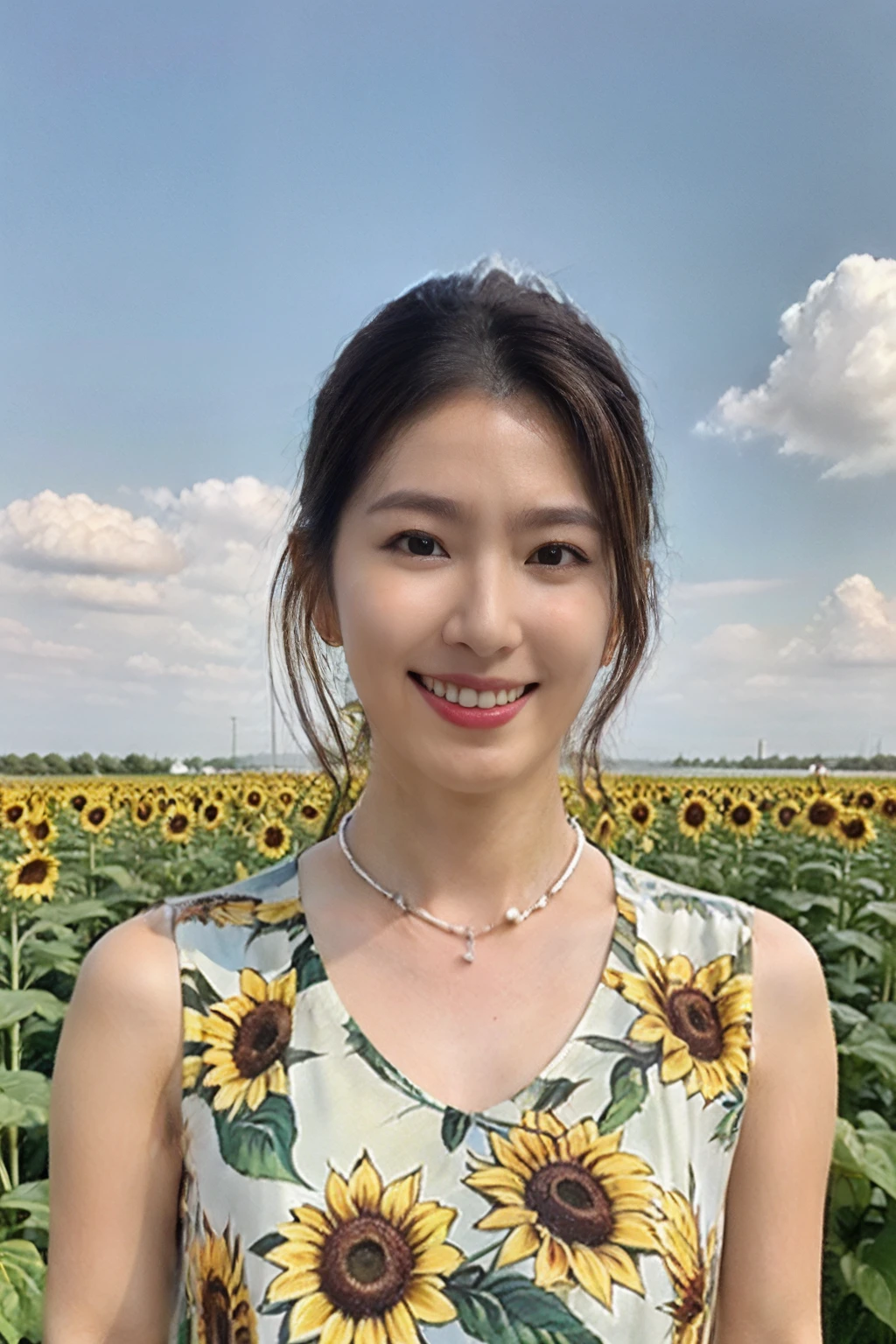 ( RAW photogr, Photorealsitic:1.25)，1girll，a lot of sunflowers，blue-sky，(onepiece:1.2)，a necklace