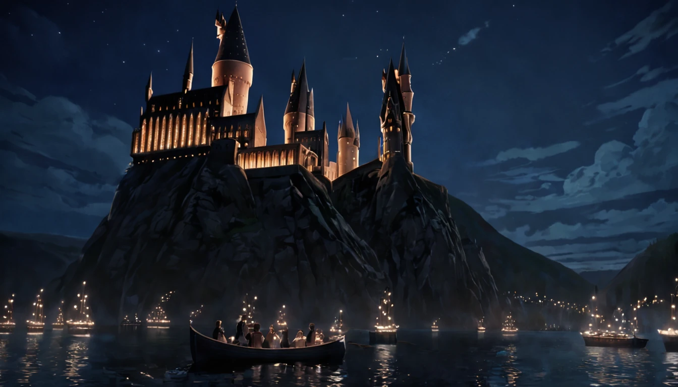 cena noturna de um castelo com pessoas em barcos a remo em frente a ele, Hogwarts, hogwarts setting, Castelo de Hogwarts, Antecedentes Hogwarts, filme ainda de harry potter, Captura de tela do filme Harry Potter, harry potter series setting, em Hogwarts, Ainda de Harry Potter, estilo Hogwarts