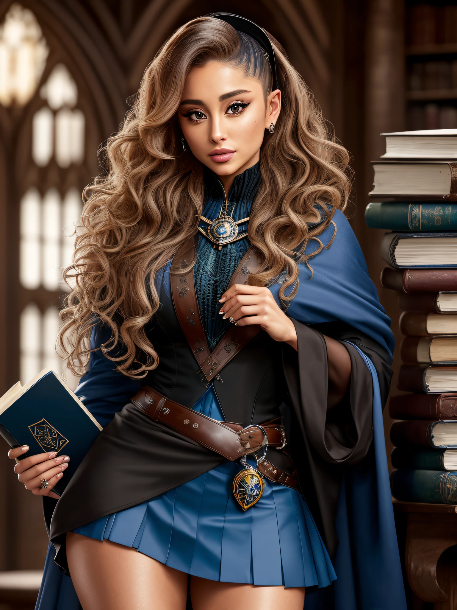 Ariana Grande, wavy hair, detailed alluring eyes, sexy legs, wearing blue mantle, mini skirt, gaiters, holding books, seductive, shapely, Hogwarts, best quality masterpiece, photorealistic, detailed, 8k, HDR, shallow depth of field, broad light, high contrast, backlighting, bloom, light sparkles, chromatic aberration, sharp focus, RAW color photo