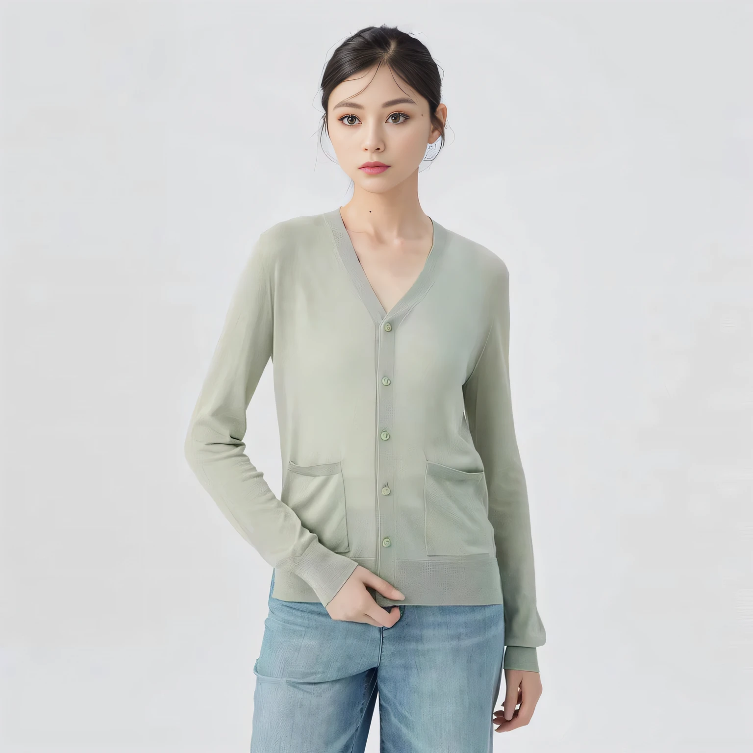 The Aalfid woman in a green cardigan stood,hands in a pocket, casual green clothing, modern casual clothing, casual modern clothing, Cardigan, wearing a cardigan, casual clothing style, with two front pockets, wearing a green sweater, Casual clothing, 2 0 2 0 fashion, inspired by Zhang Xiaogang, Lu Ji, wearing in cardigan