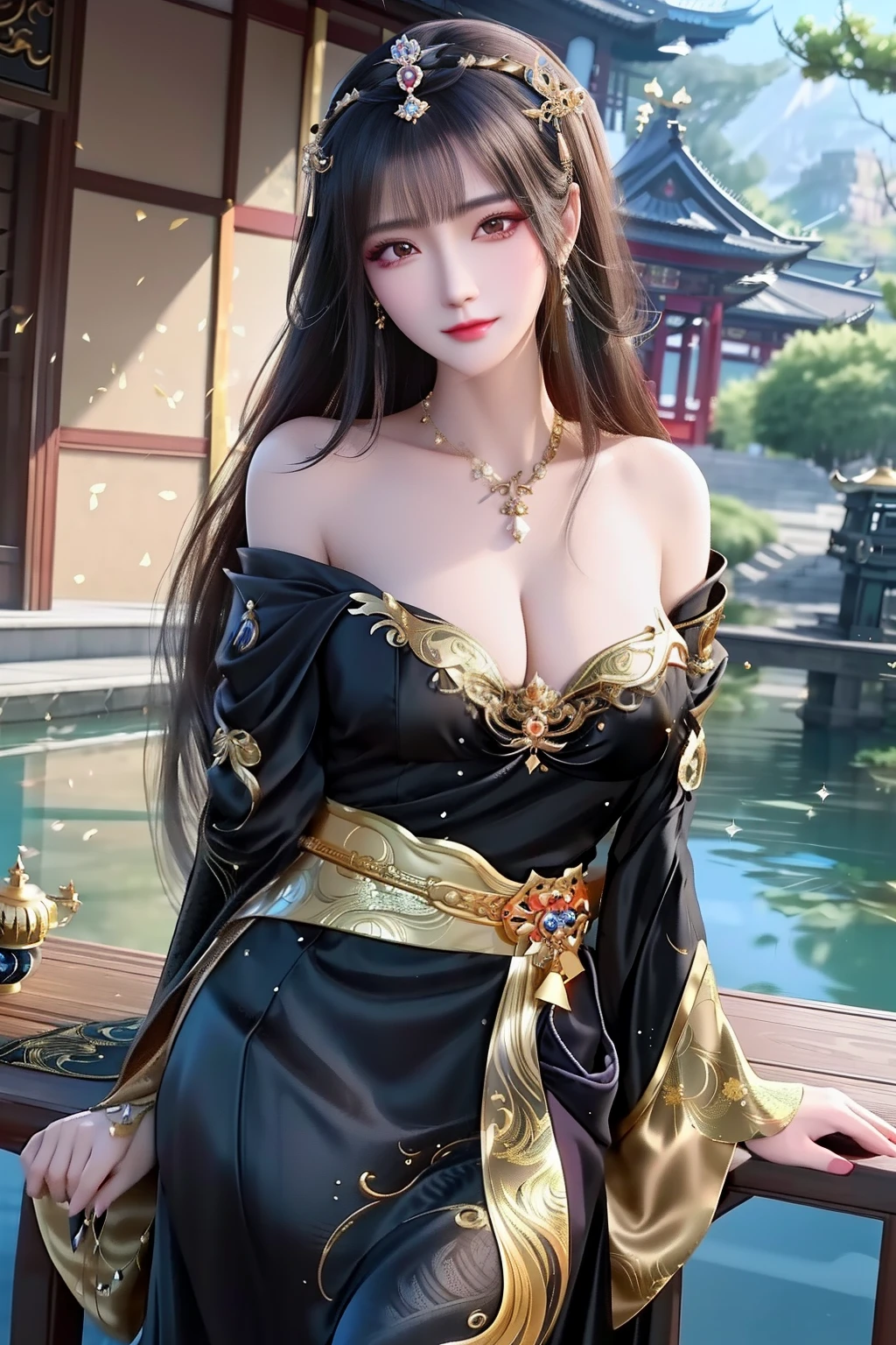 Close-up of a woman in a black and gold dress, a beautiful fantasy empress, Japanese goddess, gorgeous chinese models, Anime girl cosplay, elegant glamourous cosplay, trending at cgstation, with acient chinese clothes, full-body xianxia, beautiful and seductive anime woman, ((a beautiful fantasy empress)), Inspired by Lan Ying, inspired by Du Qiong