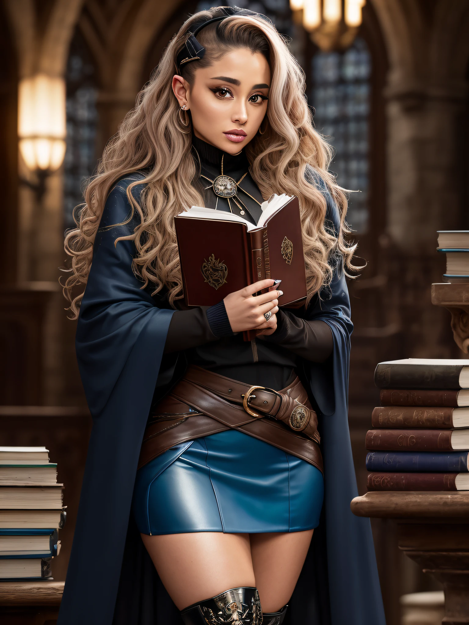 Ariana Grande, wavy hair, detailed alluring eyes, sexy legs, wearing blue mantle, mini skirt, gaiters, holding books, seductive, shapely, Hogwarts, best quality masterpiece, photorealistic, detailed, 8k, HDR, shallow depth of field, broad light, high contrast, backlighting, bloom, light sparkles, chromatic aberration, sharp focus, RAW color photo