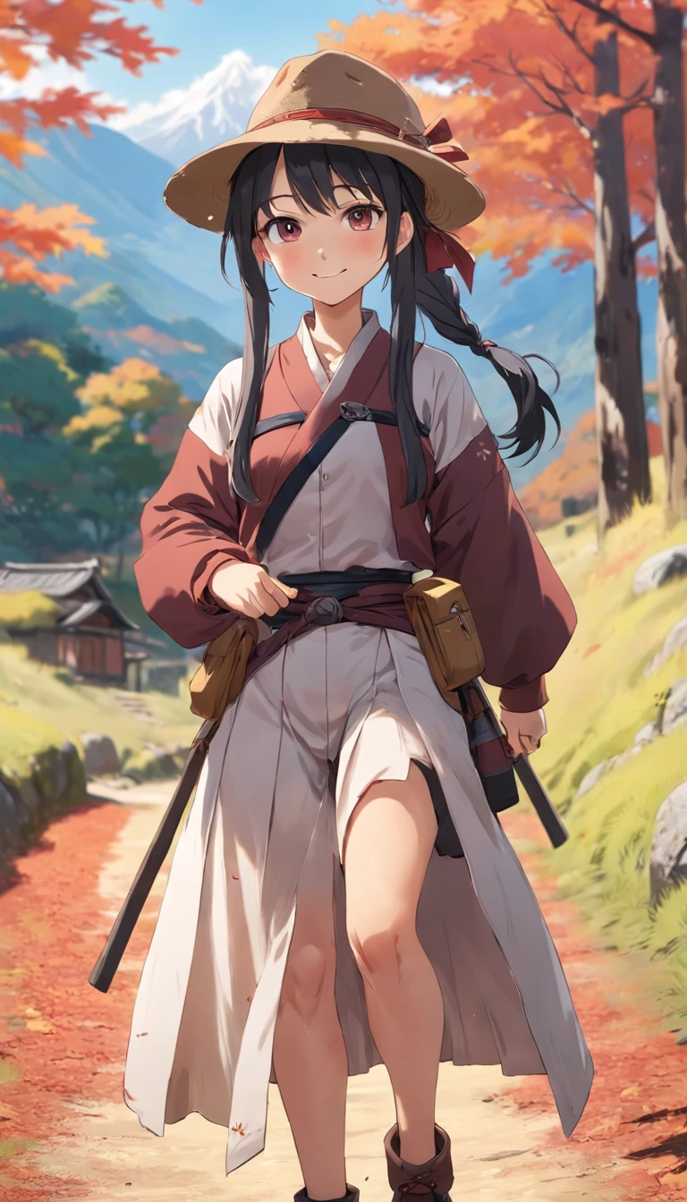 1girl, standing, cowboy shot,front view,looking at viewer,autumn,hiking outfit,small hat,pony tail,smile,ancient Japanese countryside