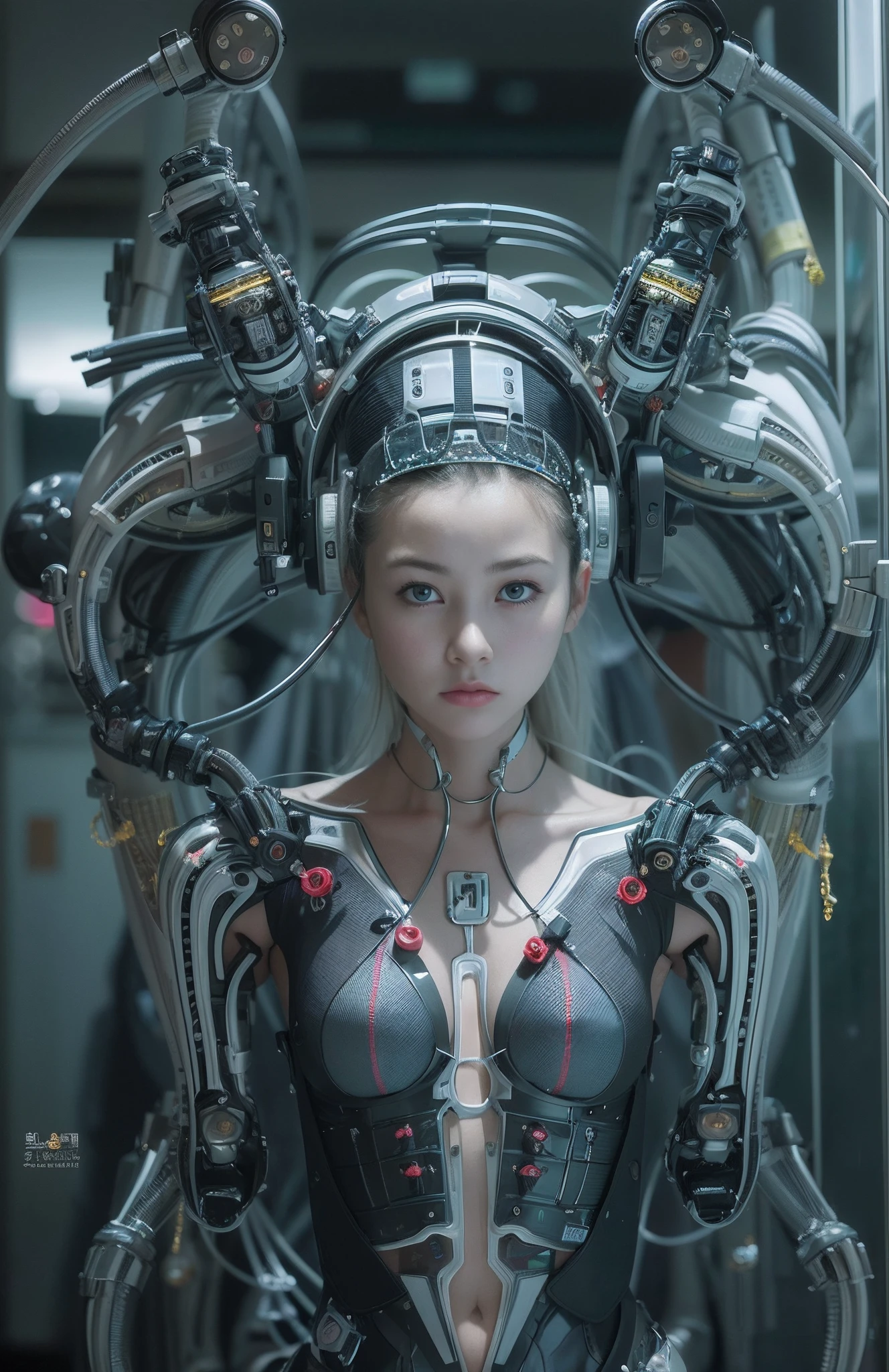Perfectly round pupils、Irisﾃﾞｨﾃｰﾙis tremendously amazing、12year old、caucasian female、Complex 3d rendering ultra detailed beautiful porcelain profile female android face、cyborgs、roboticparts、150mm、Beautiful studio soft lights、Rim Light、Vivid details、luxuriouscyberpunk、Ren Hao、surrealistic、Anatomical、face muscles、cable electric wires、microchips、elegent、beatiful backgrounds、octan render、HR Giger Style、8K、top-quality、​masterpiece、illustratio、extremely delicate and beautiful、A highly detailed、nffsw、unification、wall-paper、（realisitic、Photorealsitic：1.37）、magnifica、Finely detailed、​masterpiece、top-quality、Official art、Highly detailed ticker Unity 8K wallpapers、absurderes、incredibly absurdness、机器人、Silver Halmet、(((Full body like)))、looking at from the front、sitting on