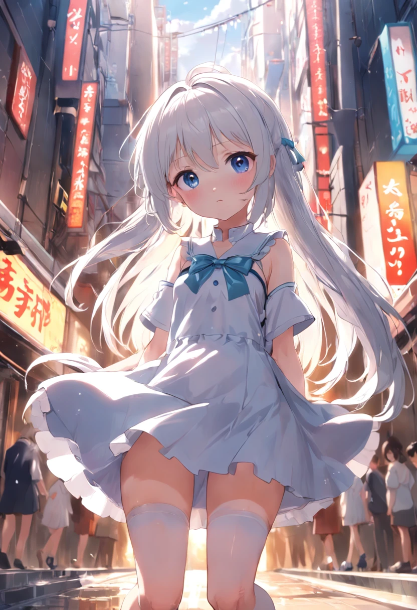 Cute ,long whitr hair,Leaky shoulders,Barefoot,head looking up,shift dresses,white panties,largeeyes,Anime cute face,Lolig white socks,Lift the skirt,Leakage
