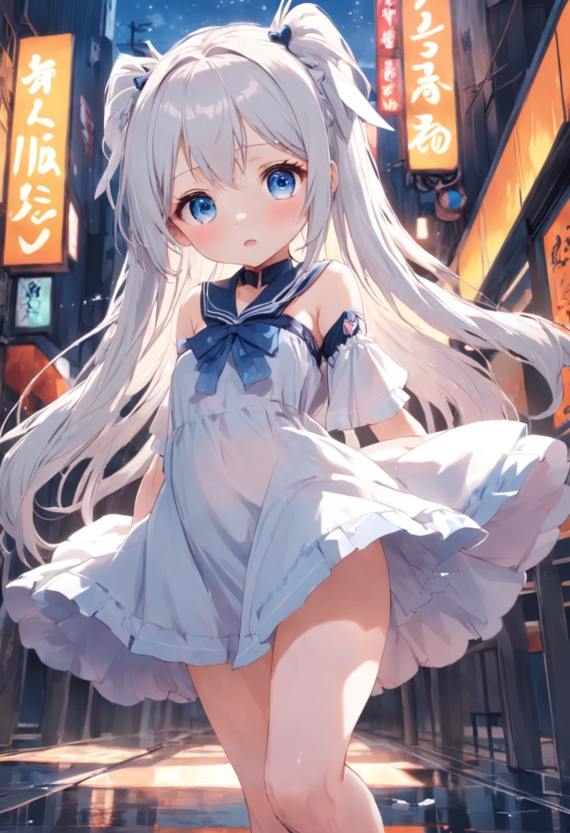 Cute ,long whitr hair,Leaky shoulders,Barefoot,head looking up,shift dresses,white panties,largeeyes,Anime cute face,Lolig white socks,Lift the skirt,Leakage