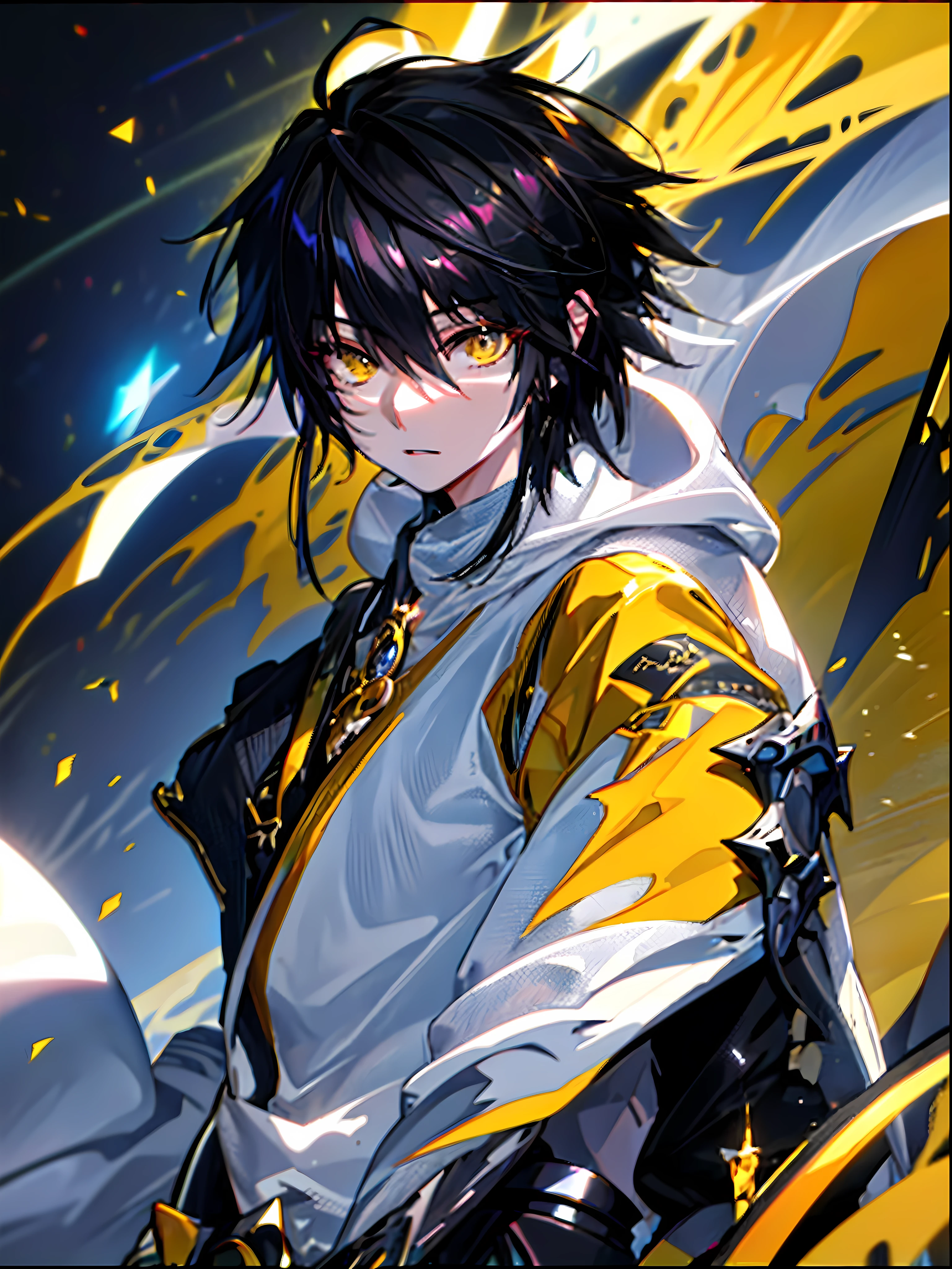 UHD, retina, masterpiece, solo, (anime boy with black hair and yellow eyes), wearing fantasy rogue gear, fantasy inspired, (((extremely detailed))), white background, super detail, high details, high quality, award winning, best quality, highres, 1080P, HD, 4K, 8k, 16k