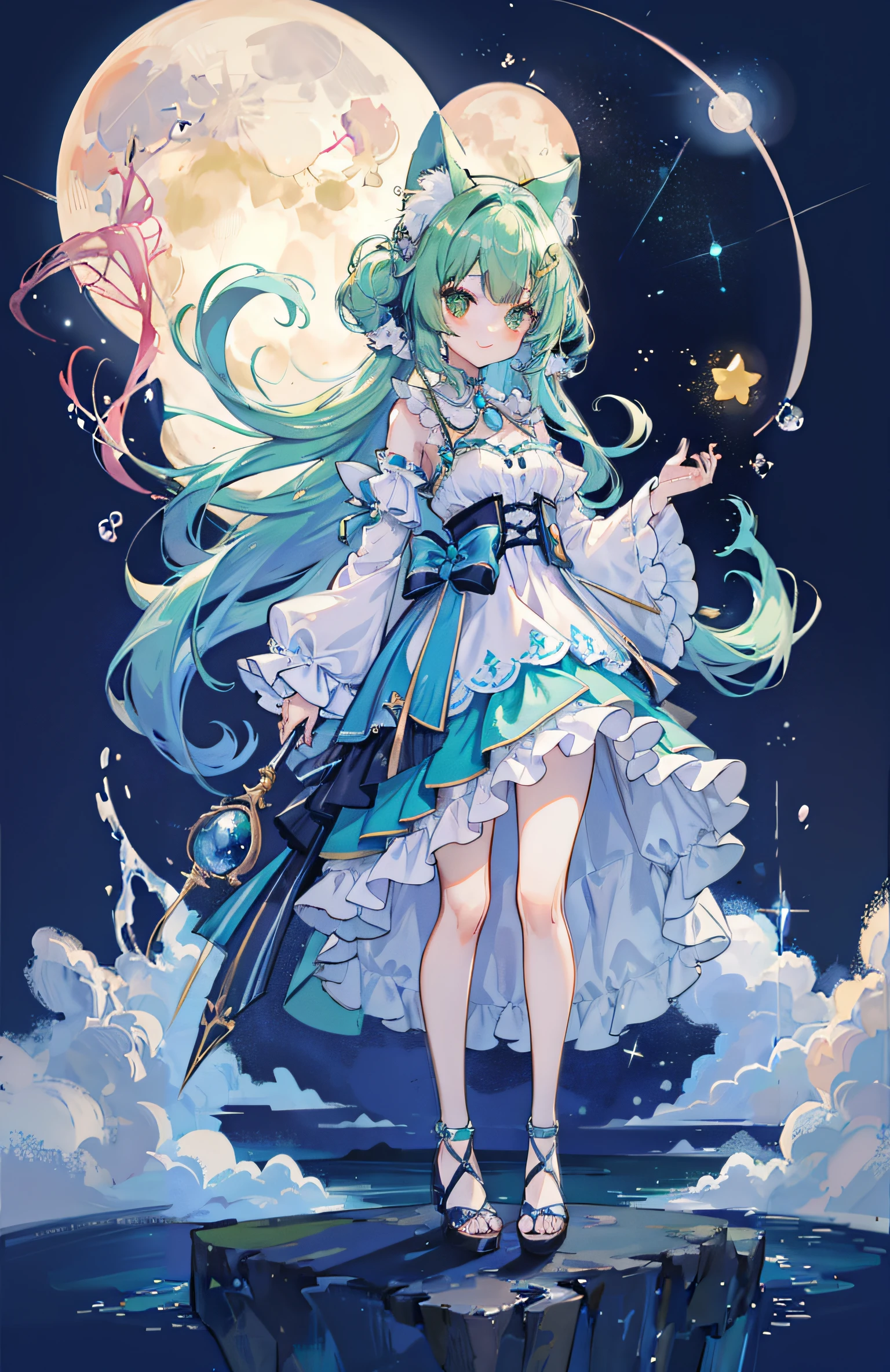 Anime girl with long hair and blue dress standing in front of the full moon, Trending on ArtStation pixiv, beautiful celestial mage, Cute anime waifu in a nice dress, digital art on pixiv, cushart krenz key art feminine, Pixiv Contest Winner, Detailed key anime art, anime goddess, pixiv style, splash art anime