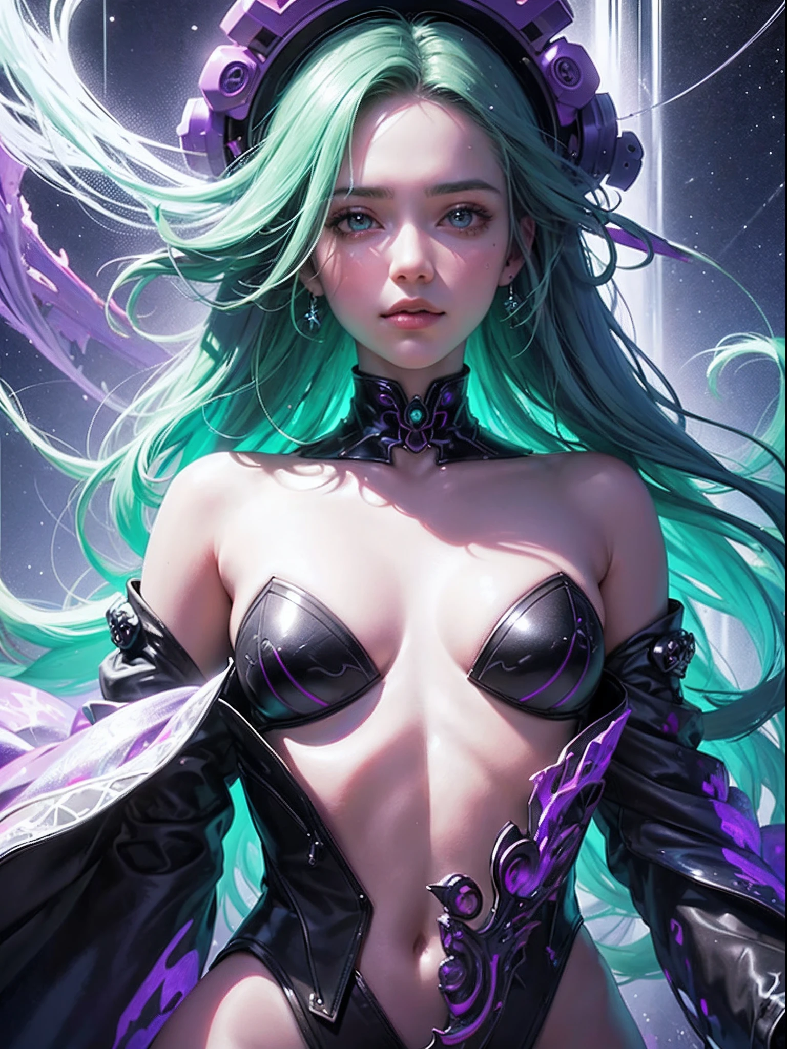 Purple skull,There are green dots in the eyes,Emerald hair in a circle of Metatron in the middle of space. Meticulous digital painting perfectly captures the vibrancy, An epic masterpiece, Has ultra-realistic textures, Clear focus and highly detailed cutscenes. The illustrations are ultra-realistic and 8K, soft natural volumetric cinematic perfect light. The surroundings are filled with a range of neon shades – from purple to green fluorescent – as well as a blue-violet background. Figure art made of rain, Water and abstract shapes bring a mixture of surreal details, hyper photorealism, and ultra-high-quality scene rendering, Create emotions, Beautiful, and a strong atmosphere.