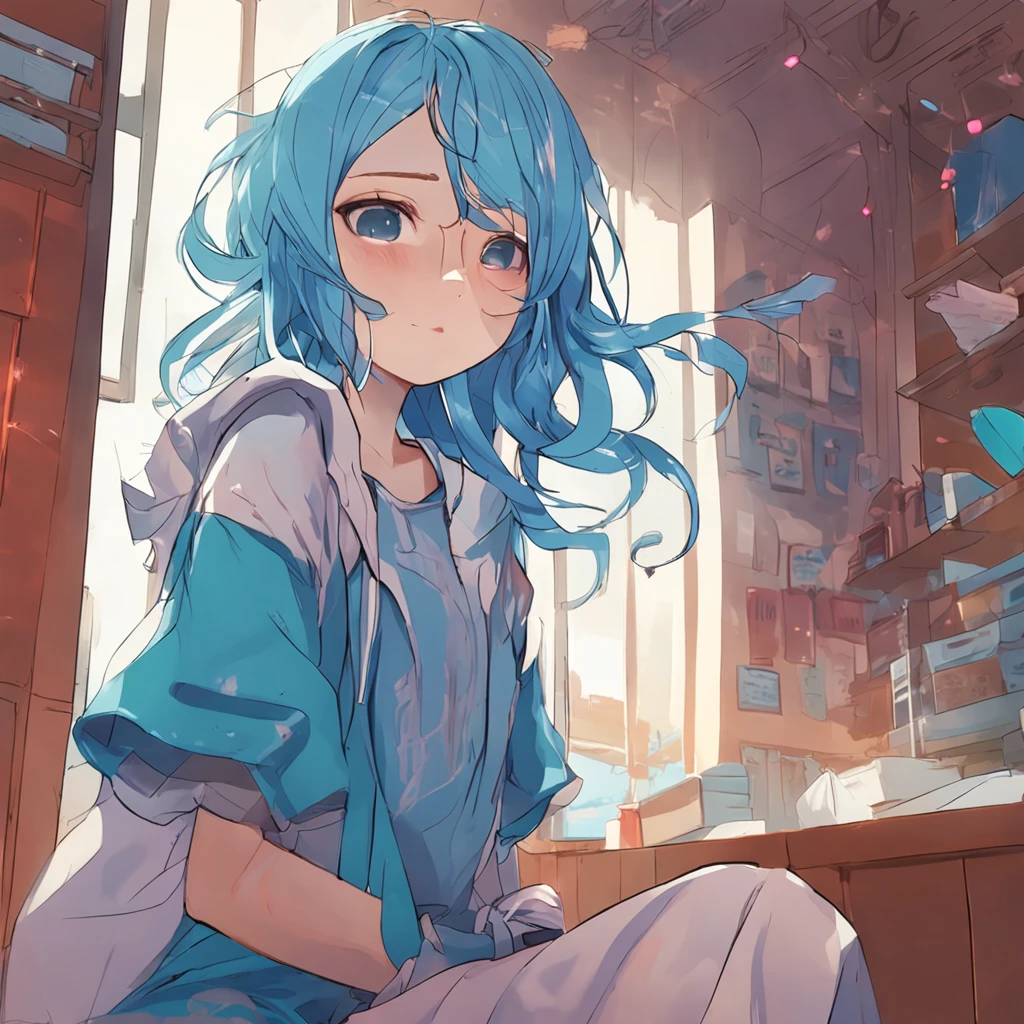 Anime girl with blue hair sitting on a desk in a room - SeaArt AI