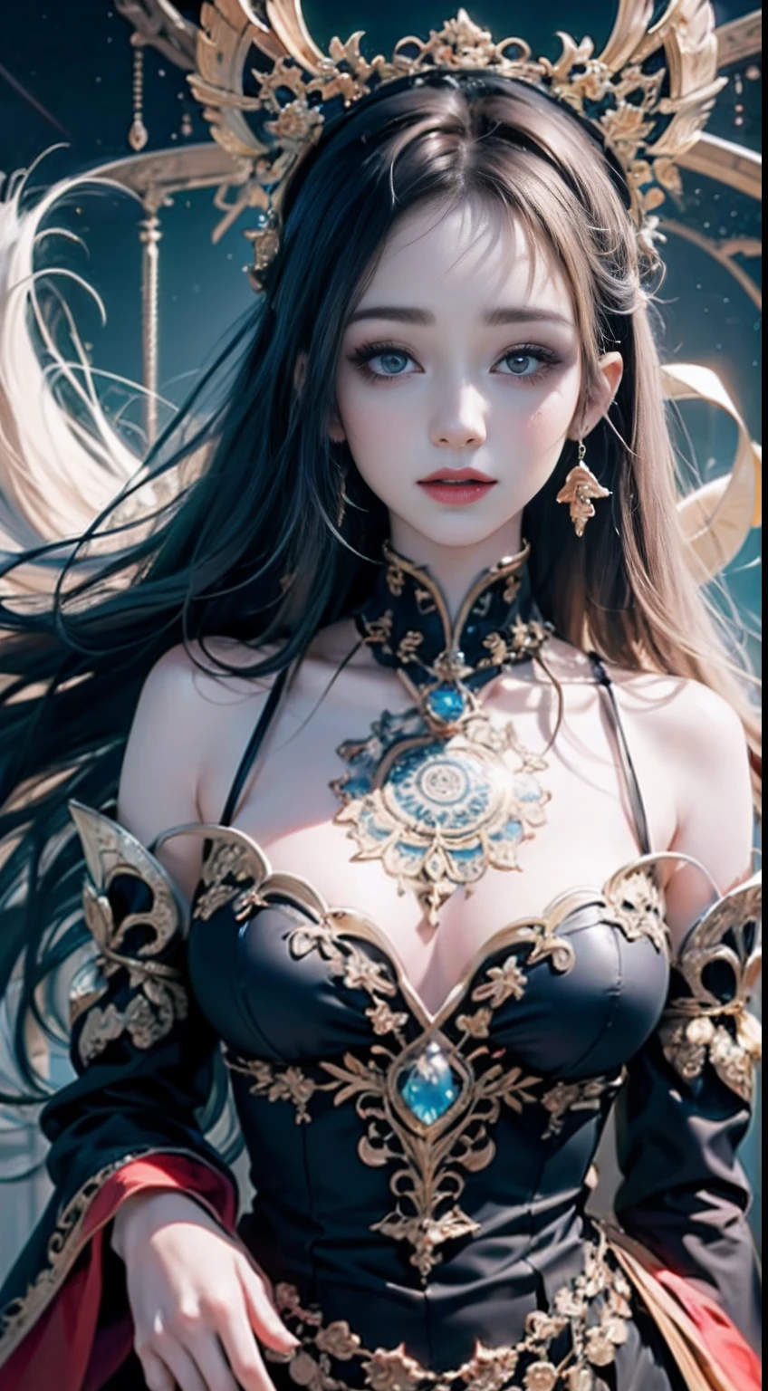 Official art, Unity 8k Wallpapers, ultra-detailliert, Beautiful and aesthetic, masutepiece, Best Quality, (Zentangle, mandalas, Tangled, Entangle), (Fractal Art: 1.3), 1girl in,Lily Collins 、Very detailed, Dynamic Angle, cowboyshot, Most Beautiful Forms Chaotic, Facing the camera、Elegant, Fauvistdesign, Bright colors, romanticism, James Jean, Robbie Devi Antono, by Ross Tran, Francis Bacon, Michal Muraz, Adrian Gaini, petra cortright, Gerhard Richter, Takashi Yamamoto, Ashley Wood, Atmospheric, ecstatic notes, flow notes visible, (Black silk: 1.3), (Whole body),