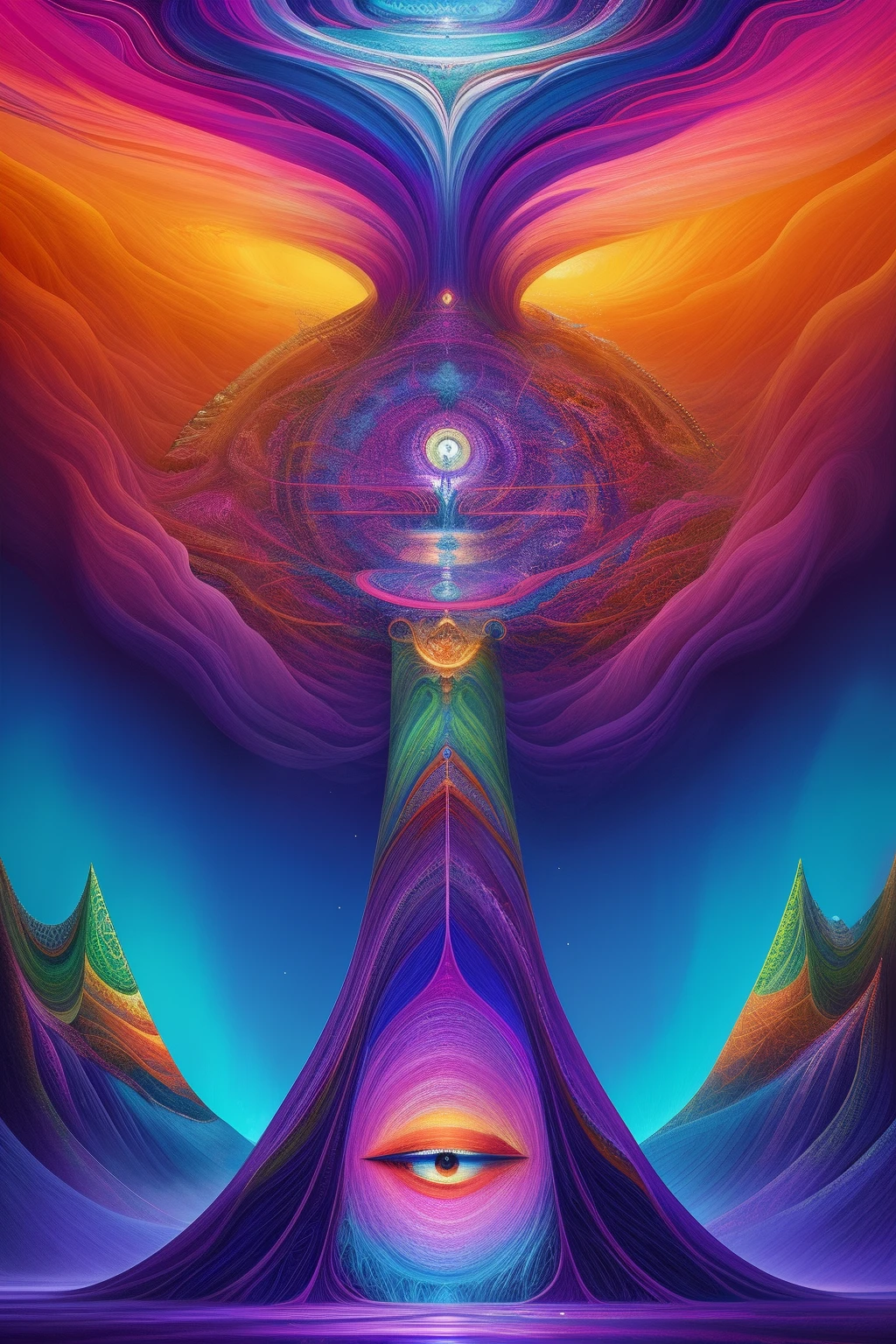An asymmetrical painting,Iceberg Mount Meru, Hierarchical operation diagram,Asymmetrical composition,psychedelic surreal art, Estero Dan Mumford e Alex Gray, psychedelic illustrations, hyper detailed visionary art, Ultra-visionary art - detailed, psychedelic artwork, Surreal + highly detailed, Highly detailed 4K digital art, Psychic trance art, director: Justin Gerard, 4K detailed digital art, Arte Trippy, surreal psychedelic design, Design posters