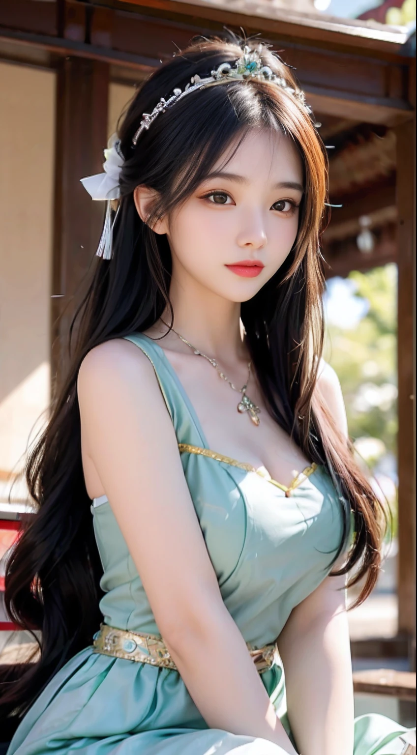Close-up of a woman in a green dress sitting on a bench, gorgeous chinese models, beautiful Korean women, Gorgeous young Korean woman, Beautiful Asian girl, Beautiful young Korean woman, Japanese goddess, Korean girl, Chinese girl, Traditional beauty, Asian girl with long hair, Beautiful asian woman, Lovely woman, Korean woman, Beautiful goddess, beautiful and seductive anime woman