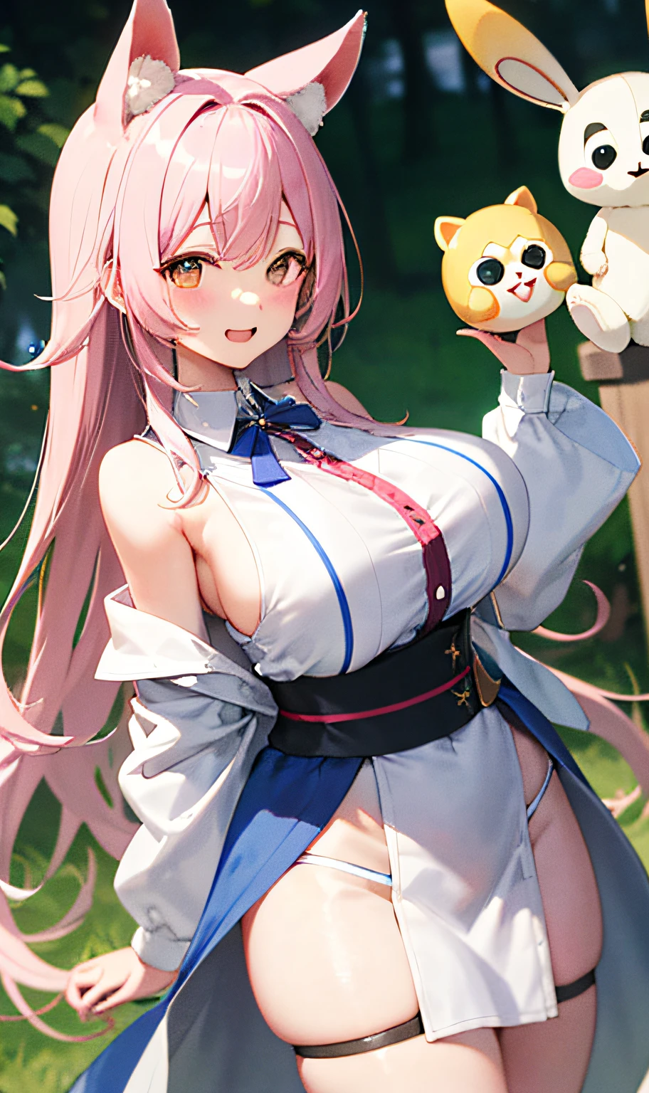 ((master masterpiece、The Highest Quality))、(1人)、pale pink hair、(OL))、bangs、gigantic tits、(full breasts)、slimness、Sorrisos、【Wide Hips】、Standing、a be\(blue archive)、Tanuki ears、valley、Background white