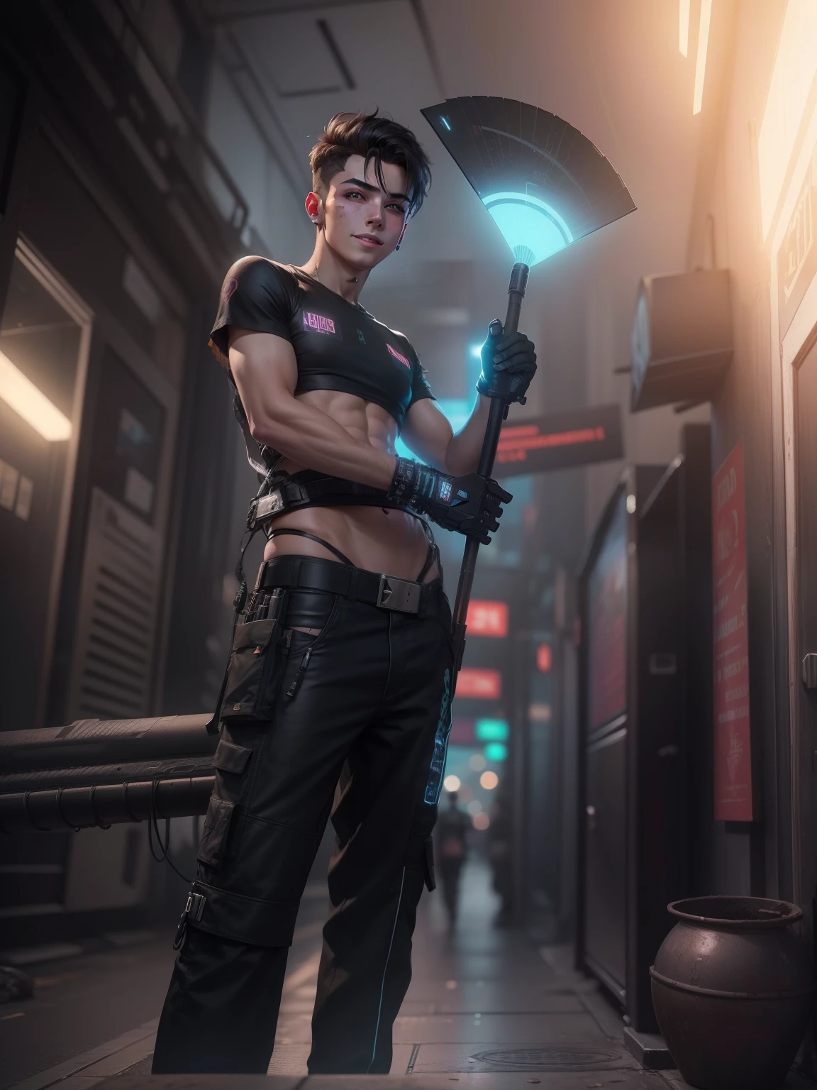 Change background cyberpunk handsome boy, realistic face, 8k, ultra realistic, cute  boy, 
Real face, neon, smile,