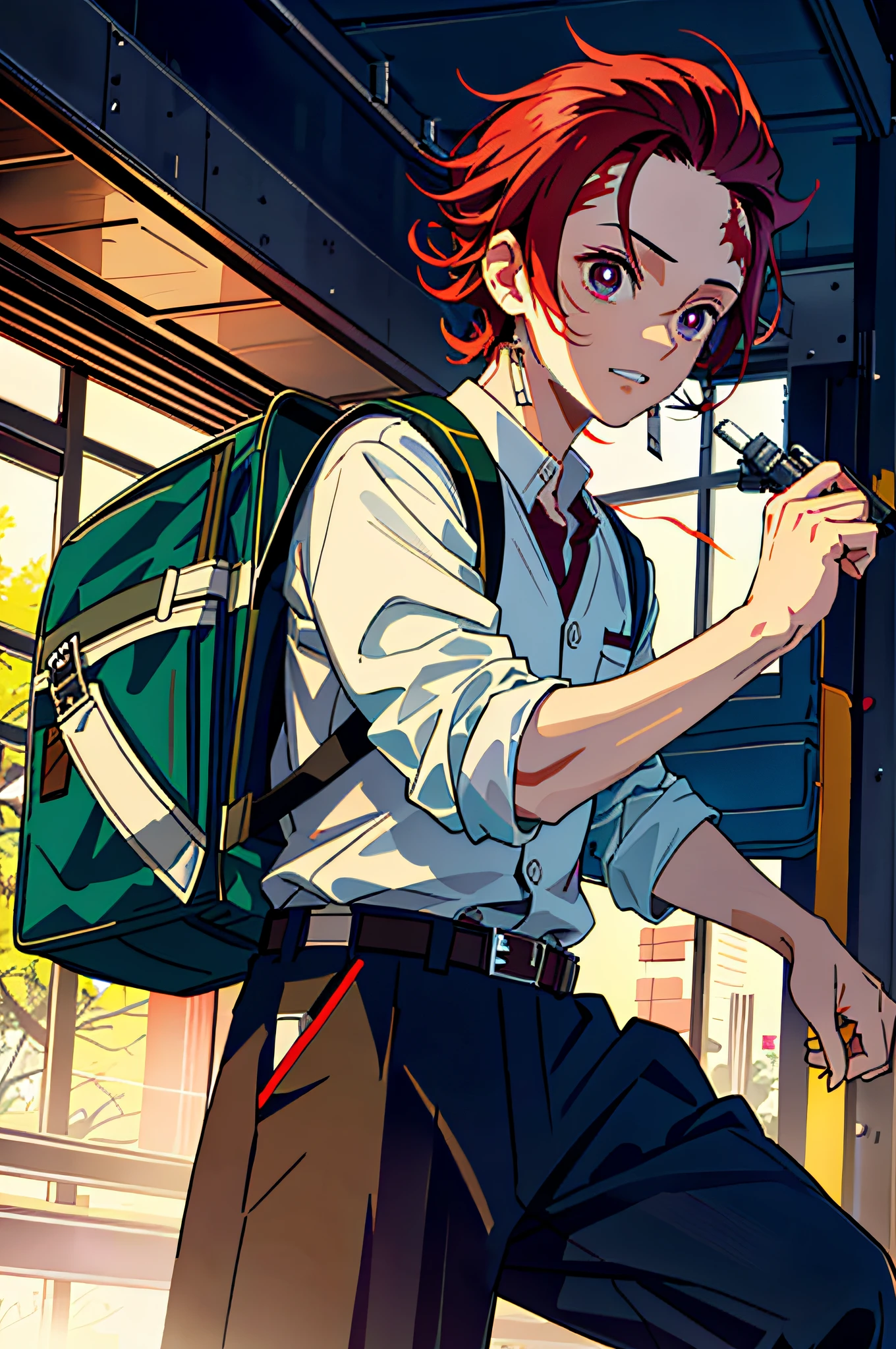 (Tanjiro), (Scar, scar on forehead, student clothes, man, Red hair:1.2), ((Original outfit)), ( White shirt, Yellow-green slacks:1.2), (Bring your school bag:1.5), (Man's), (Sky background, clouds, Contre-Jour, ), (Realistic:1.2), (masutepiece:1.2), (FULL BODYSHOT:1),(cowboy shot:1.2), Neon lighting, Dark romantic lighting, (Highly detailed:1.2),(Detailed face:1.2), (gradients), Colorful, Detailed eyes, (Natural lighting:1.2), (Dynamic Pose:1.2), (Solo, One Person, 1girl in:1.5),
