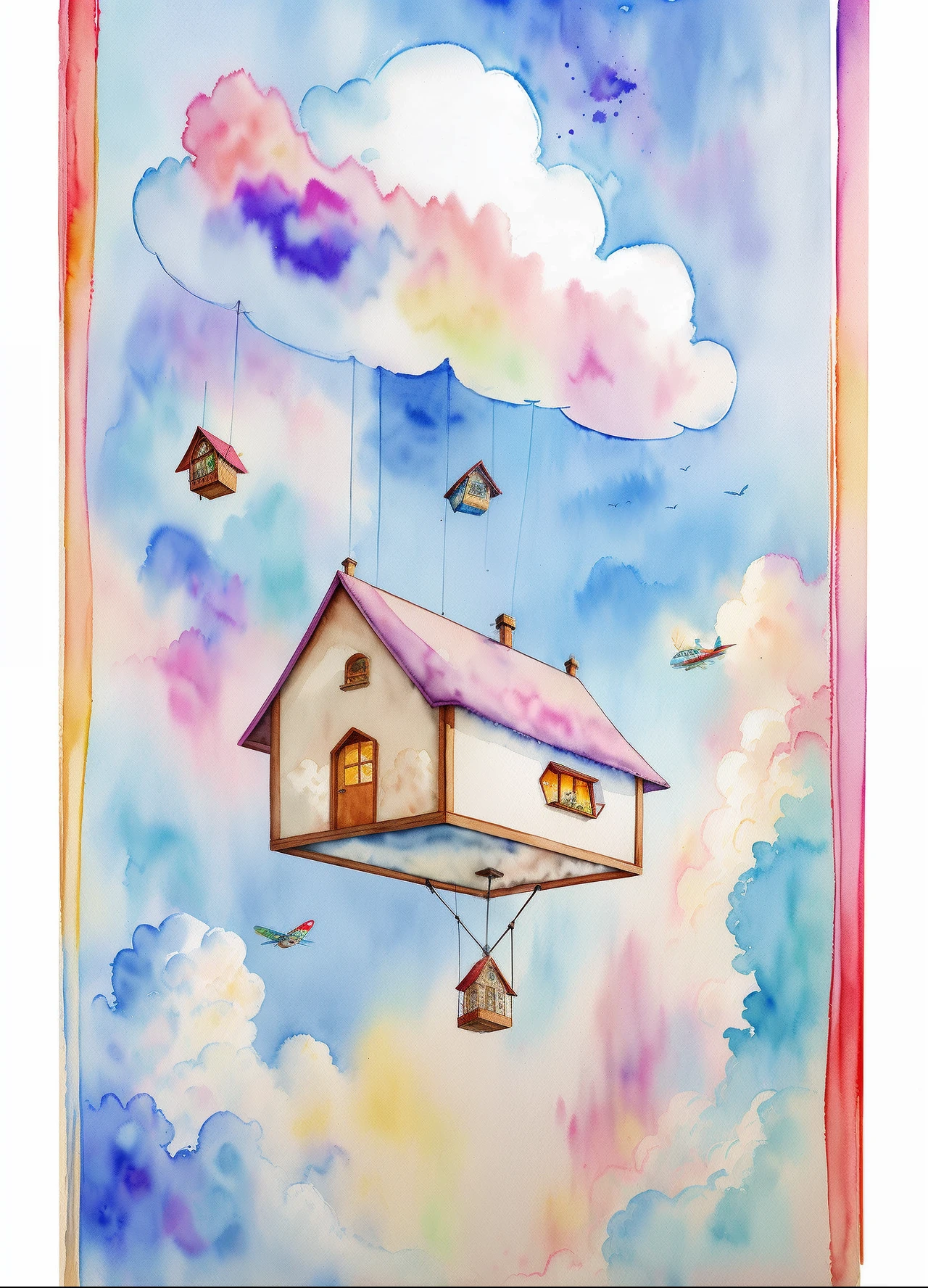 300dpi cartoon warm cloud flying house girl do handicraft flying house travel a4 pastel color watercolor painting happy