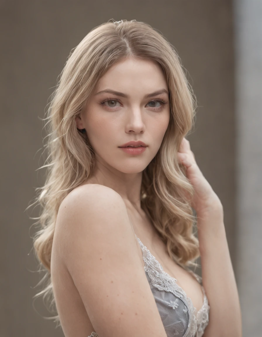 Photograph of a German woman. Face. 27 years, Sharp chin, photography of, photo RAW, Master parts,Bigchest,disturbance, extremely detailed photo, Digital SLR, Fotorrealista 1.4, Super hi,It's nothing, best qualityer, Full-body image, highr, ton, busty,Black and blonde mixed hair, shoulder-length hair,Wear erotic underwear,legs slightly open